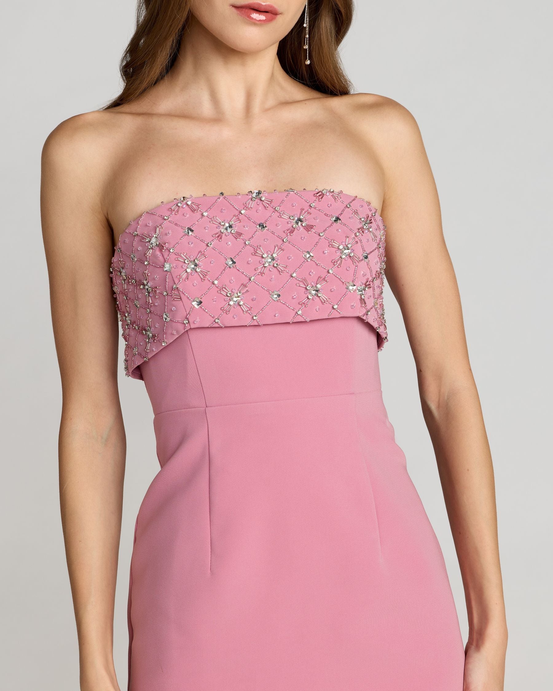 Pink Strapless Crepe Midi Dress With Rhinestone Detail Ieena for Mac Duggal 