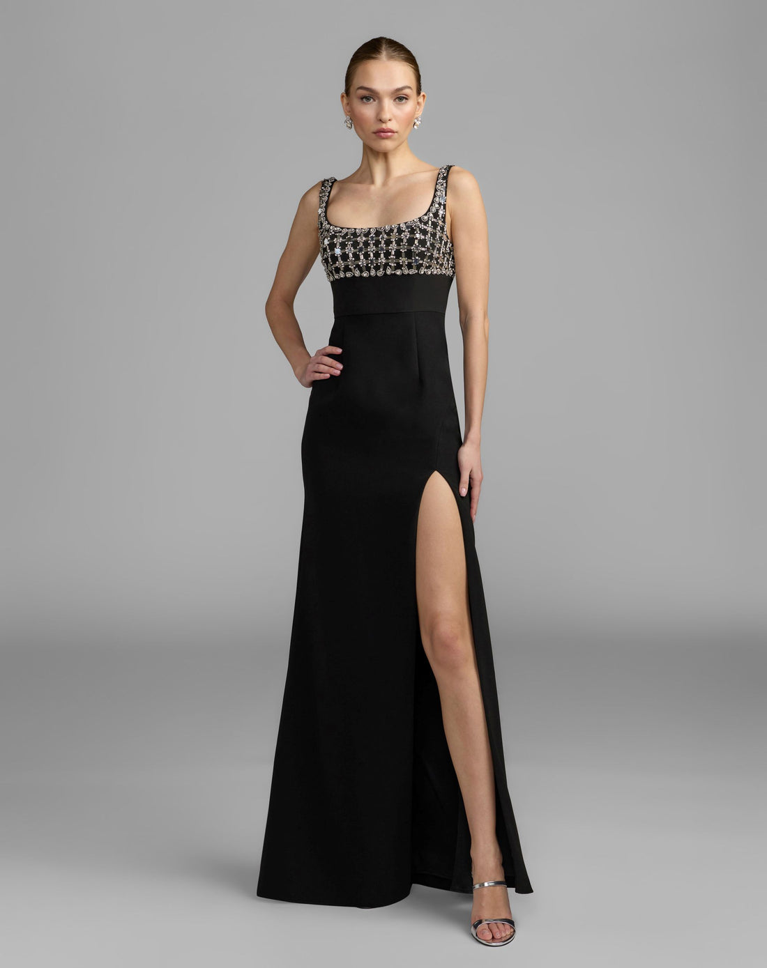 Black Sleeveless Crepe Gown With Embellished Bodice - Ieena for Mac Duggal