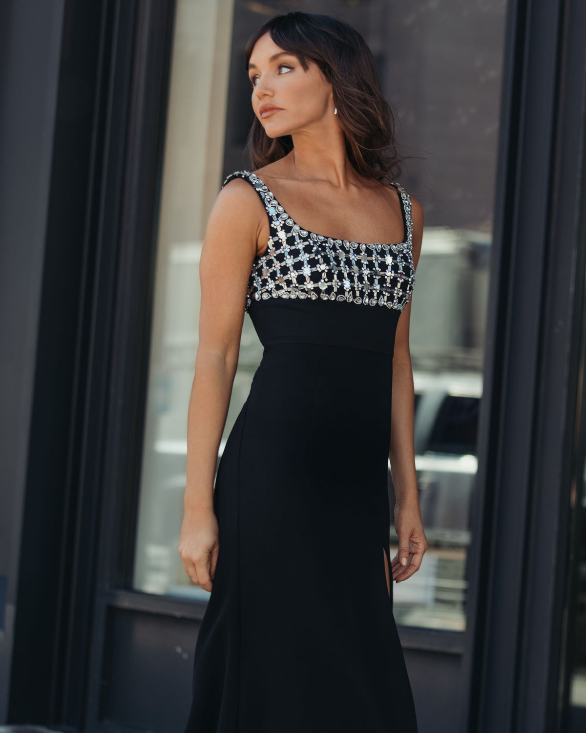 Black Sleeveless Crepe Gown With Embellished Bodice - Ieena for Mac Duggal
