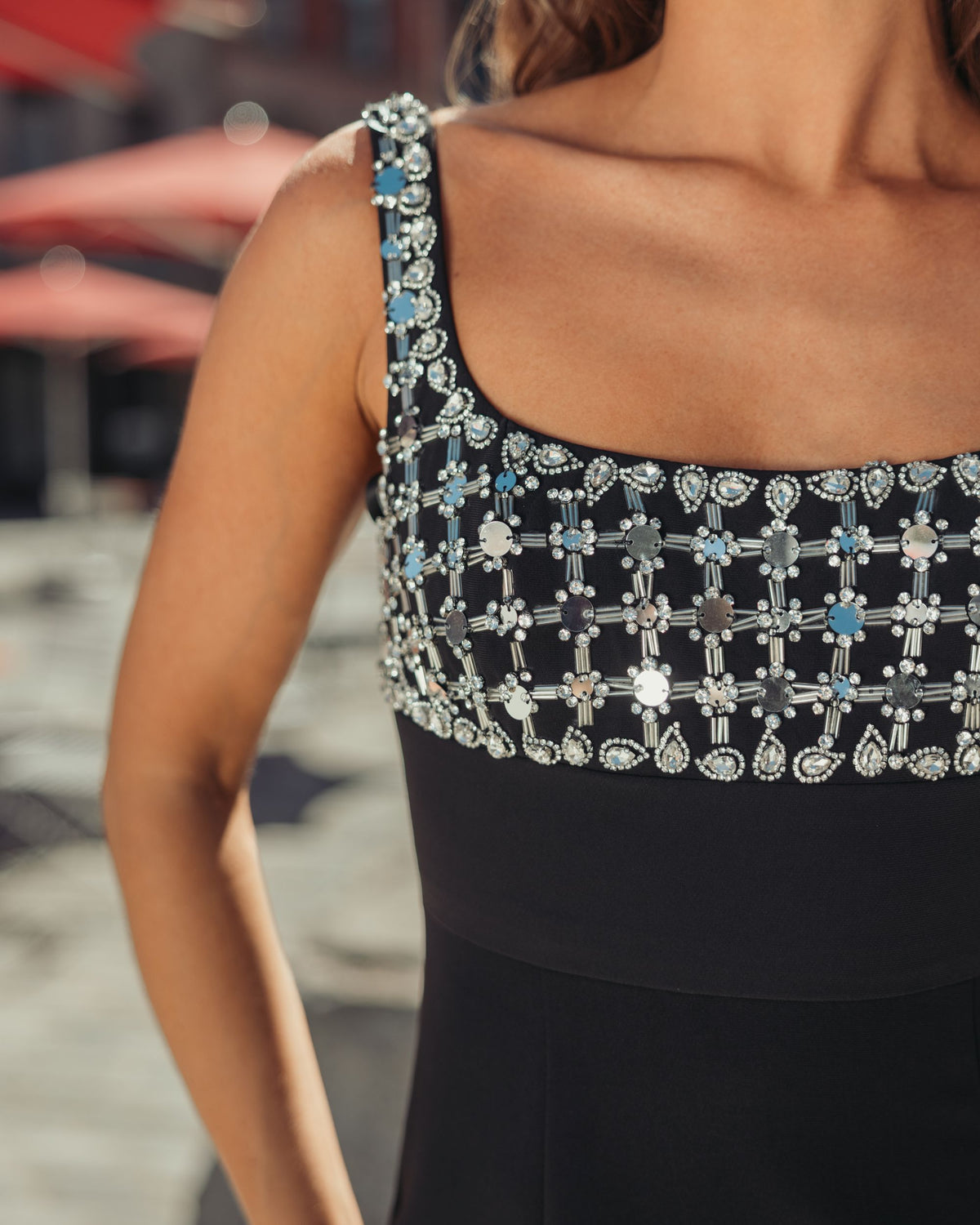 Black Sleeveless Crepe Gown With Embellished Bodice - Ieena for Mac Duggal
