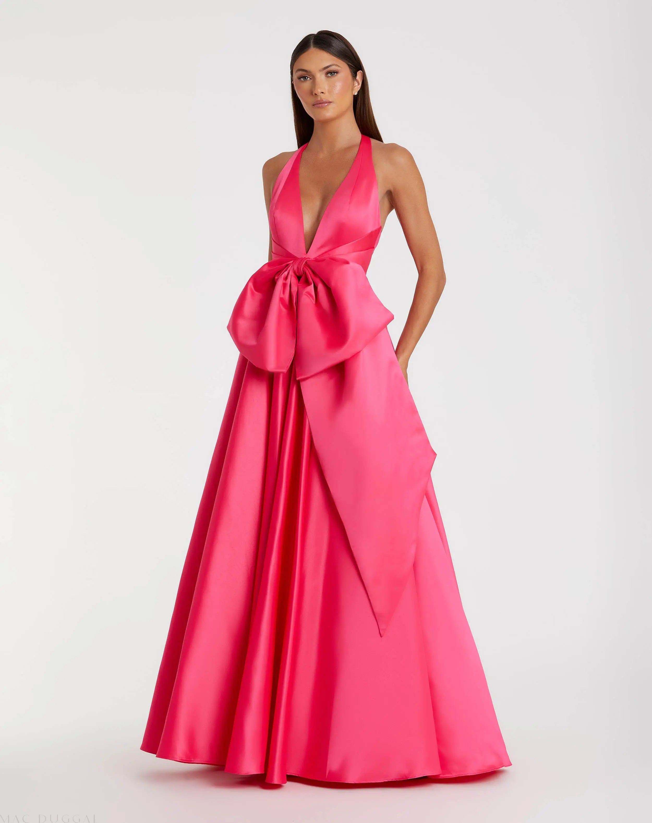 Pink Deep V Satin Ballgown with Oversized Bow - Mac Duggal