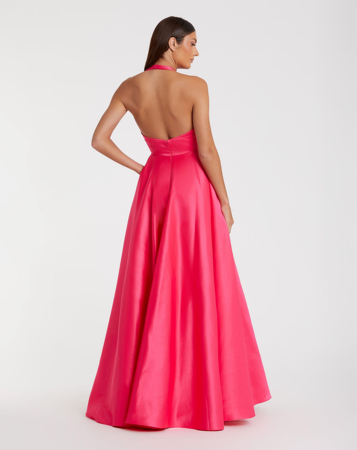 Pink Sleeveless Deep V Satin Gown With Oversized Bow