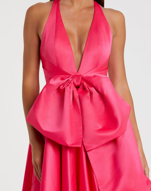 Sleeveless Deep V Satin Gown With Oversized Bow