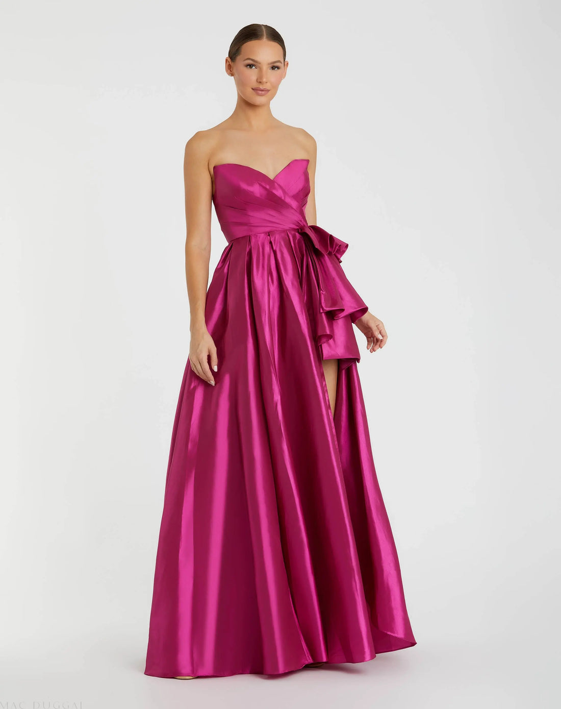 Pink Strapless Taffeta Gown with Ruffles and Slit - Mac Duggal