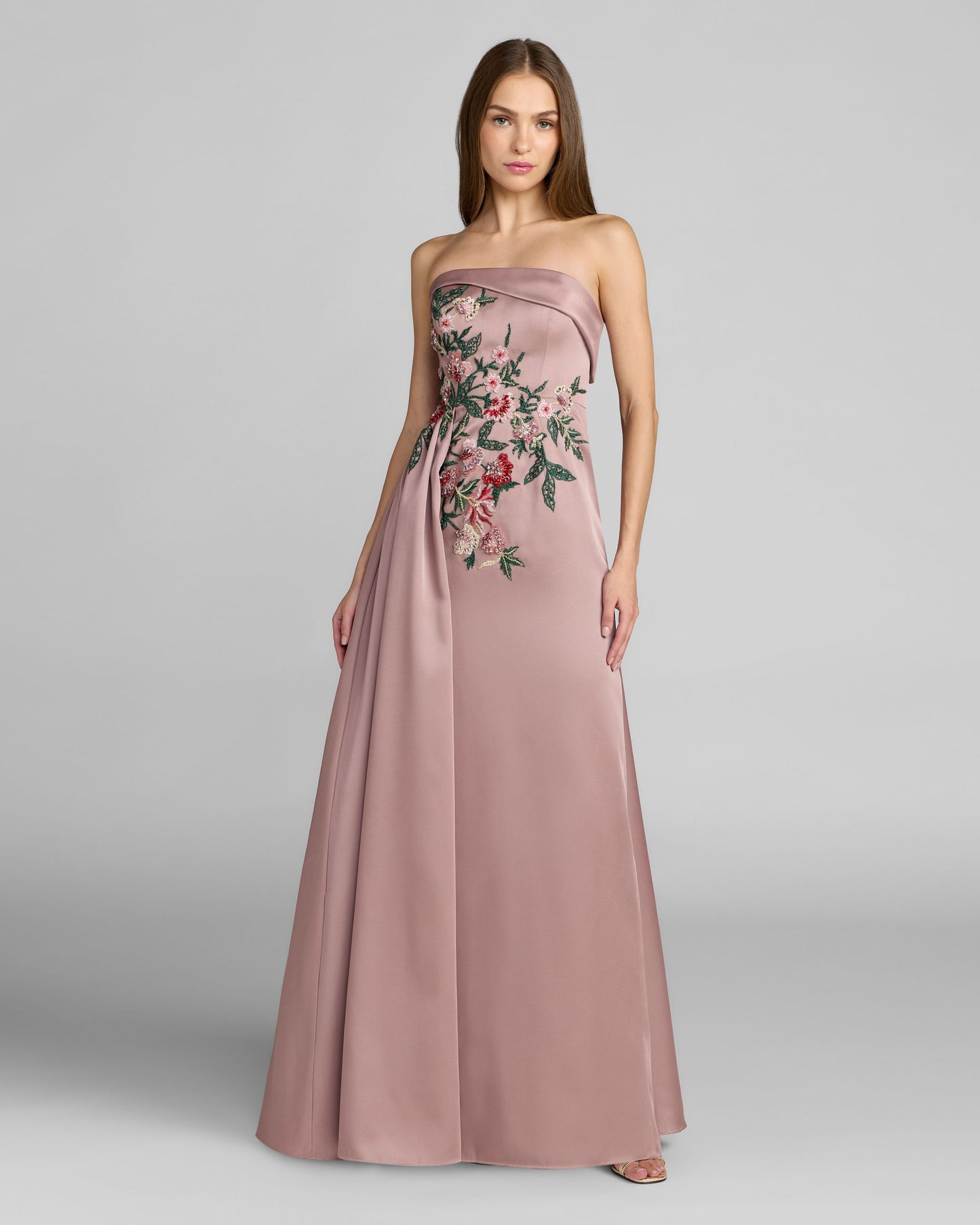 Purple Floral Embroidered Satin Strapless Gown Mac Duggal