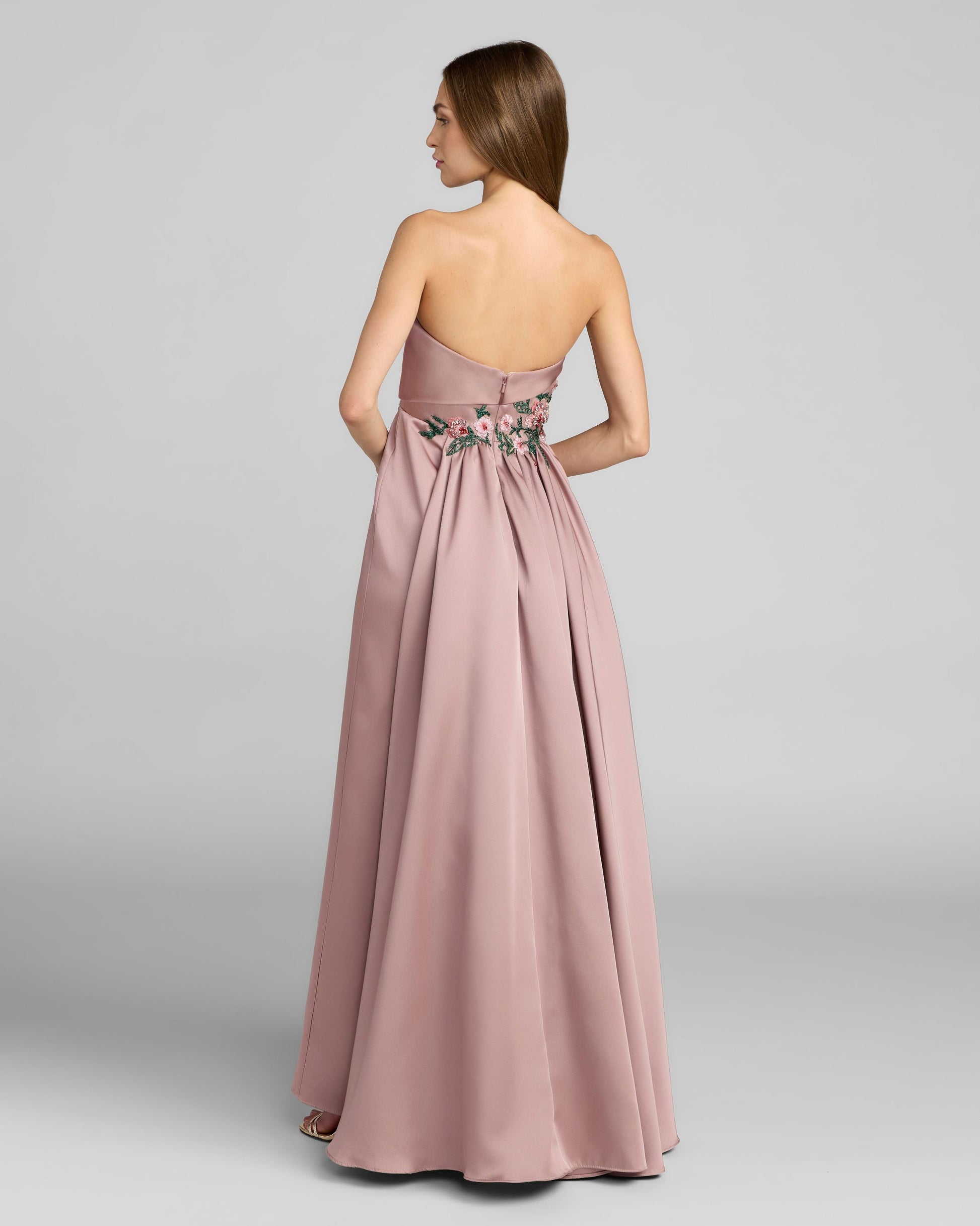 Purple Floral Embroidered Satin Strapless Gown Mac Duggal