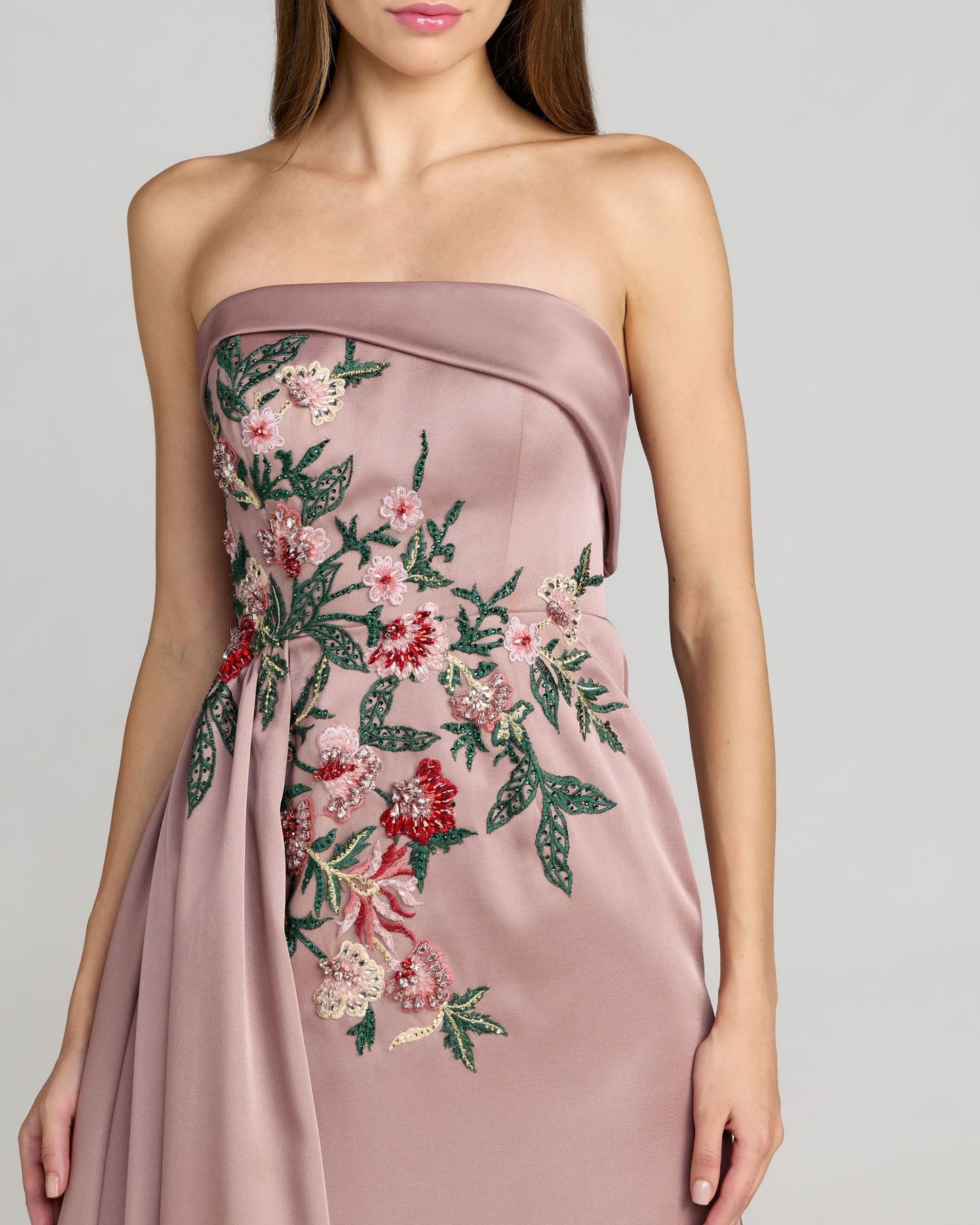Purple Floral Embroidered Satin Strapless Gown Mac Duggal