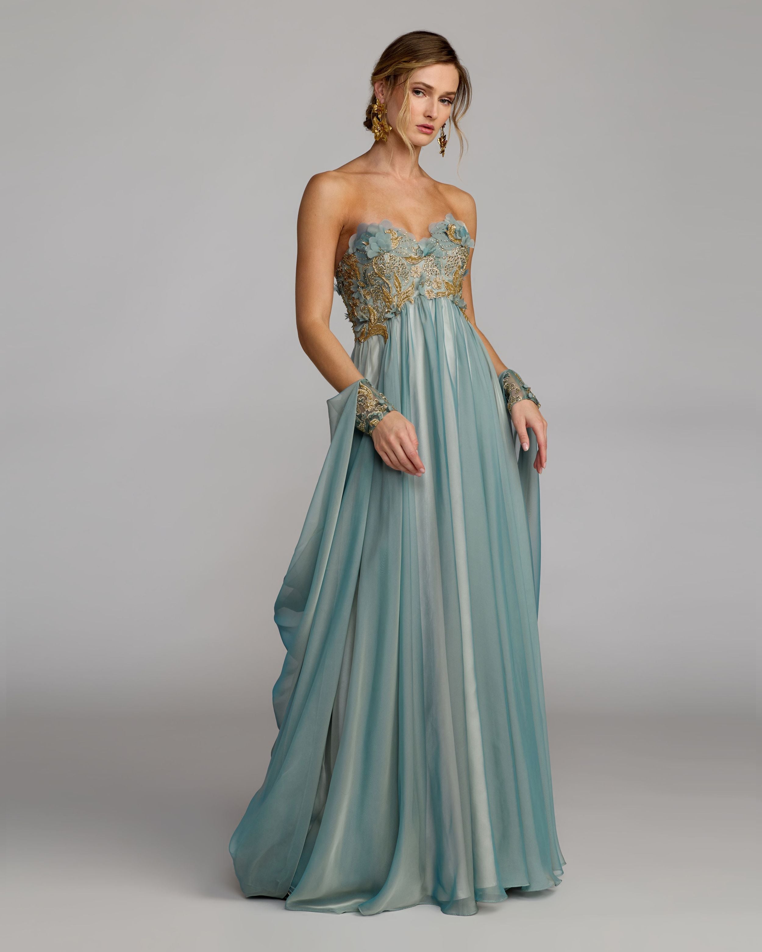 Blue 3D Floral Embellished Strapless Gown with Draped Cuffs Mac Duggal
