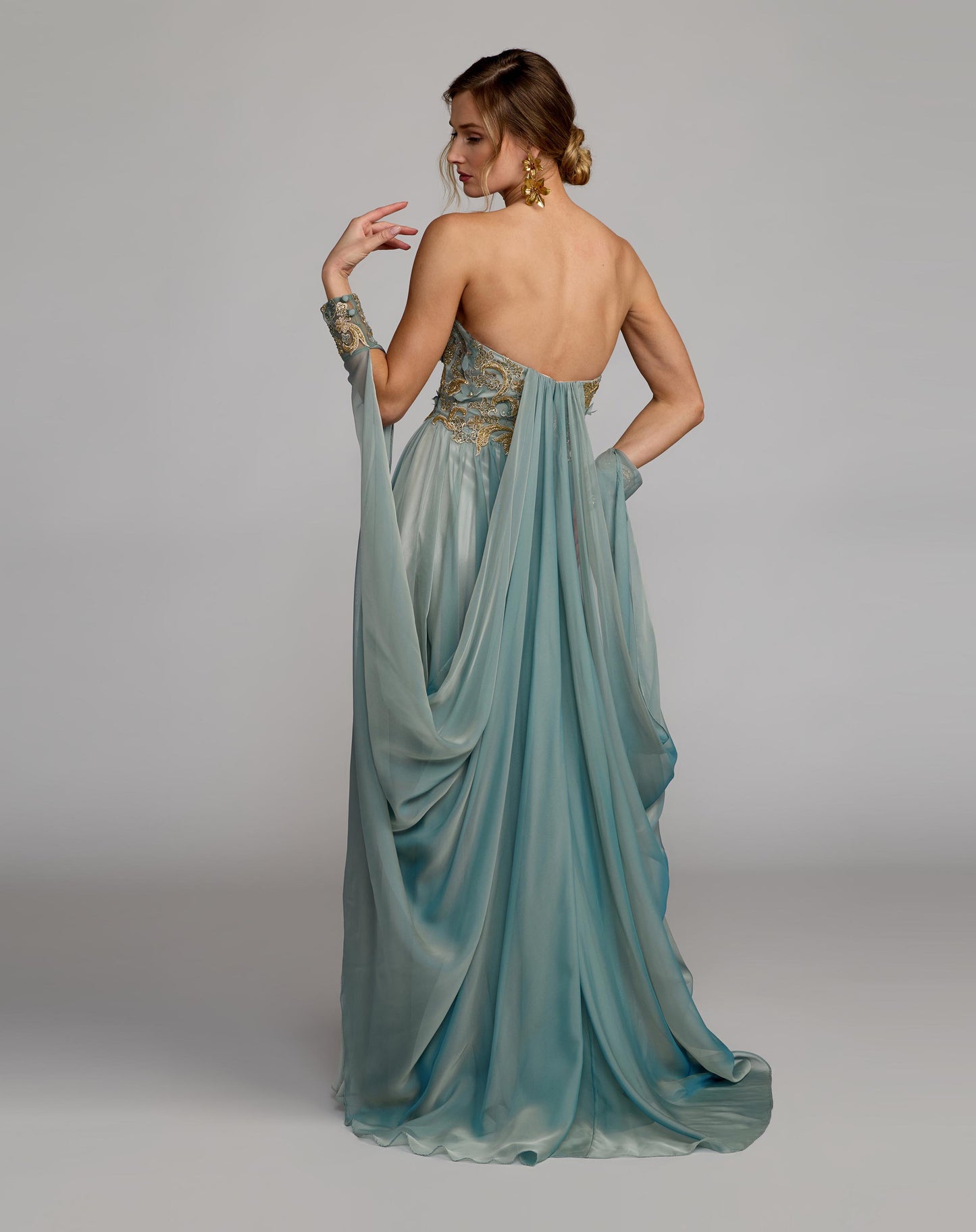 Blue 3D Floral Embellished Strapless Gown with Draped Cuffs Mac Duggal
