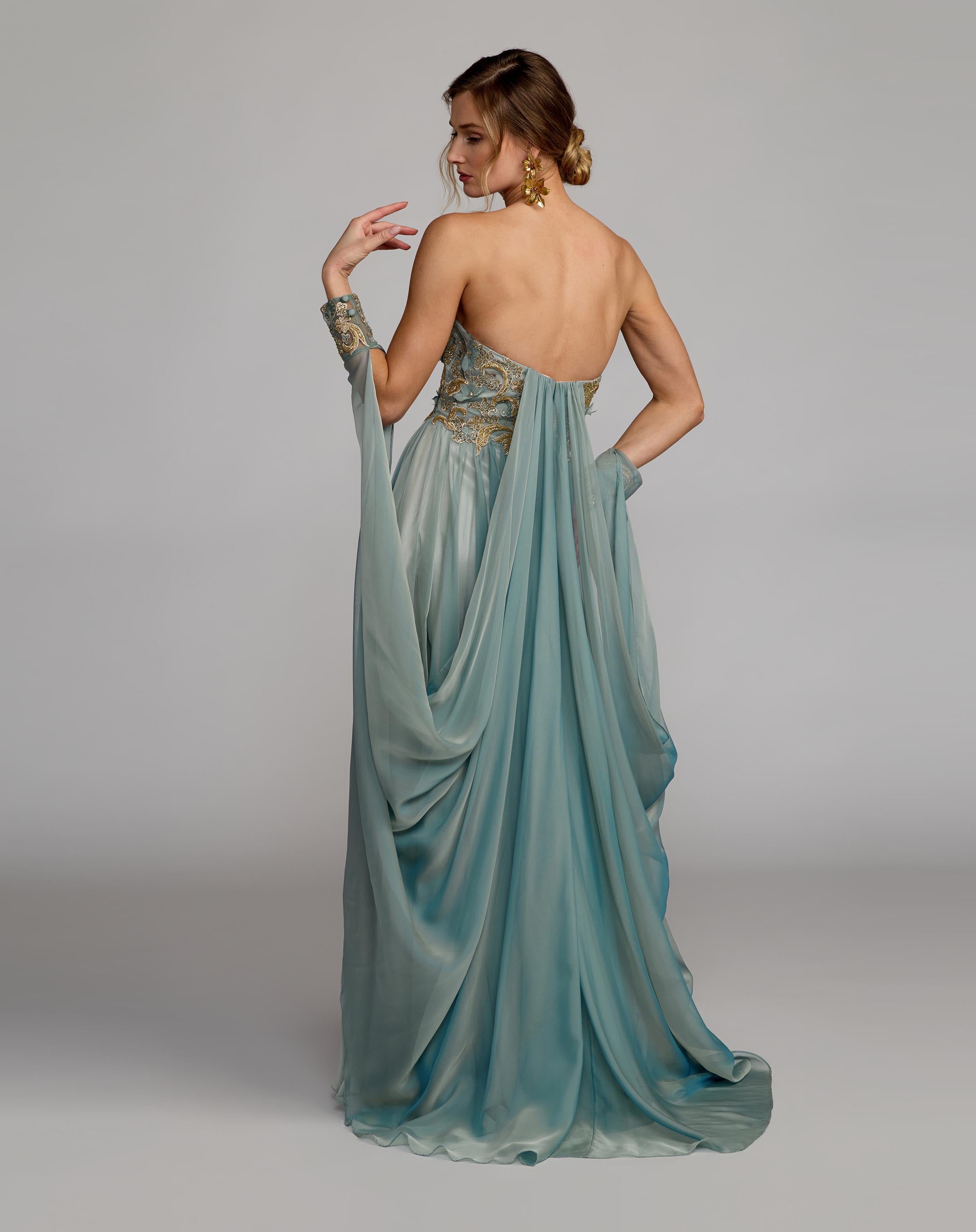 Blue 3D Floral Embellished Strapless Gown with Draped Cuffs Mac Duggal