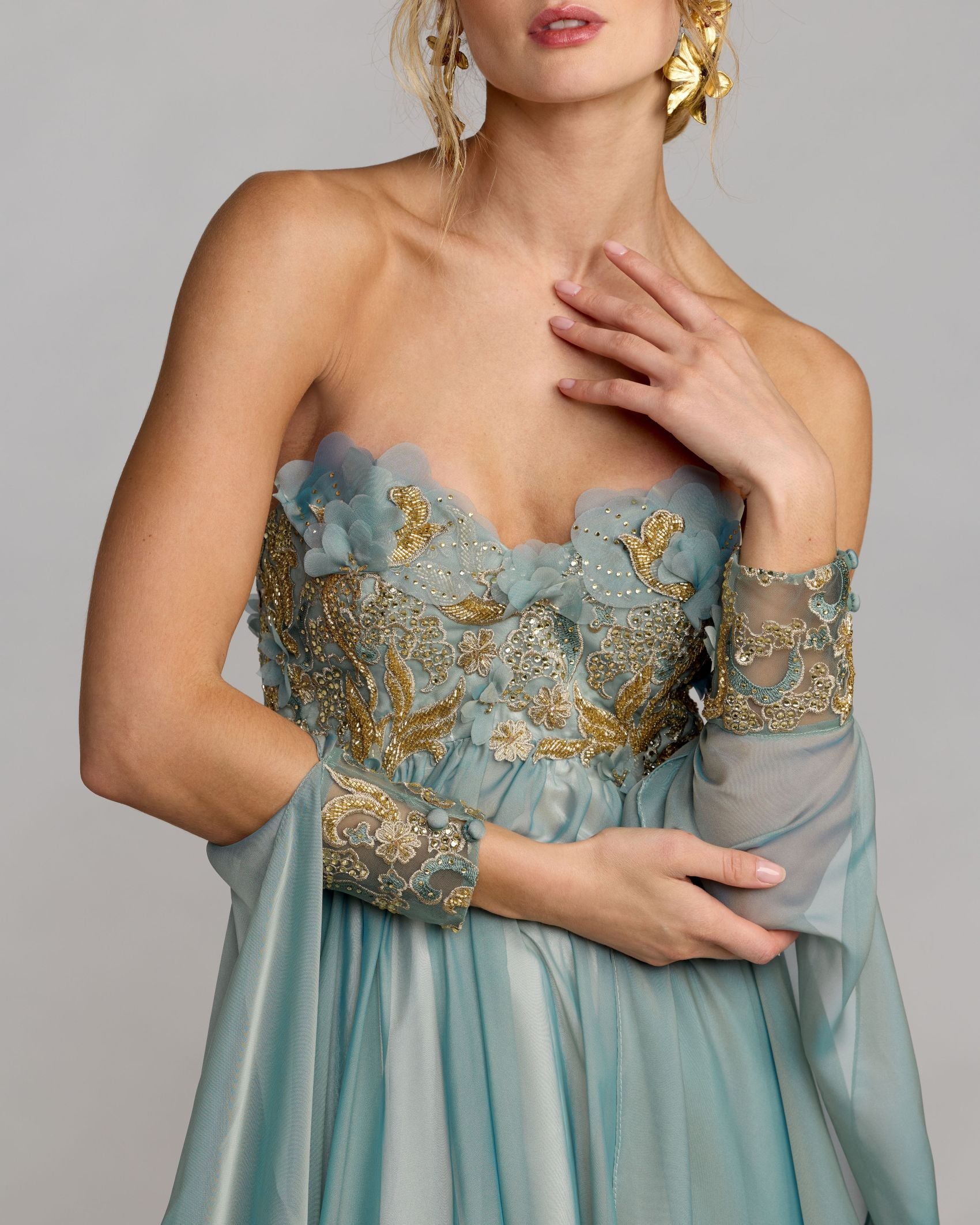 Blue Strapless Embellished Chiffon Cape Gown