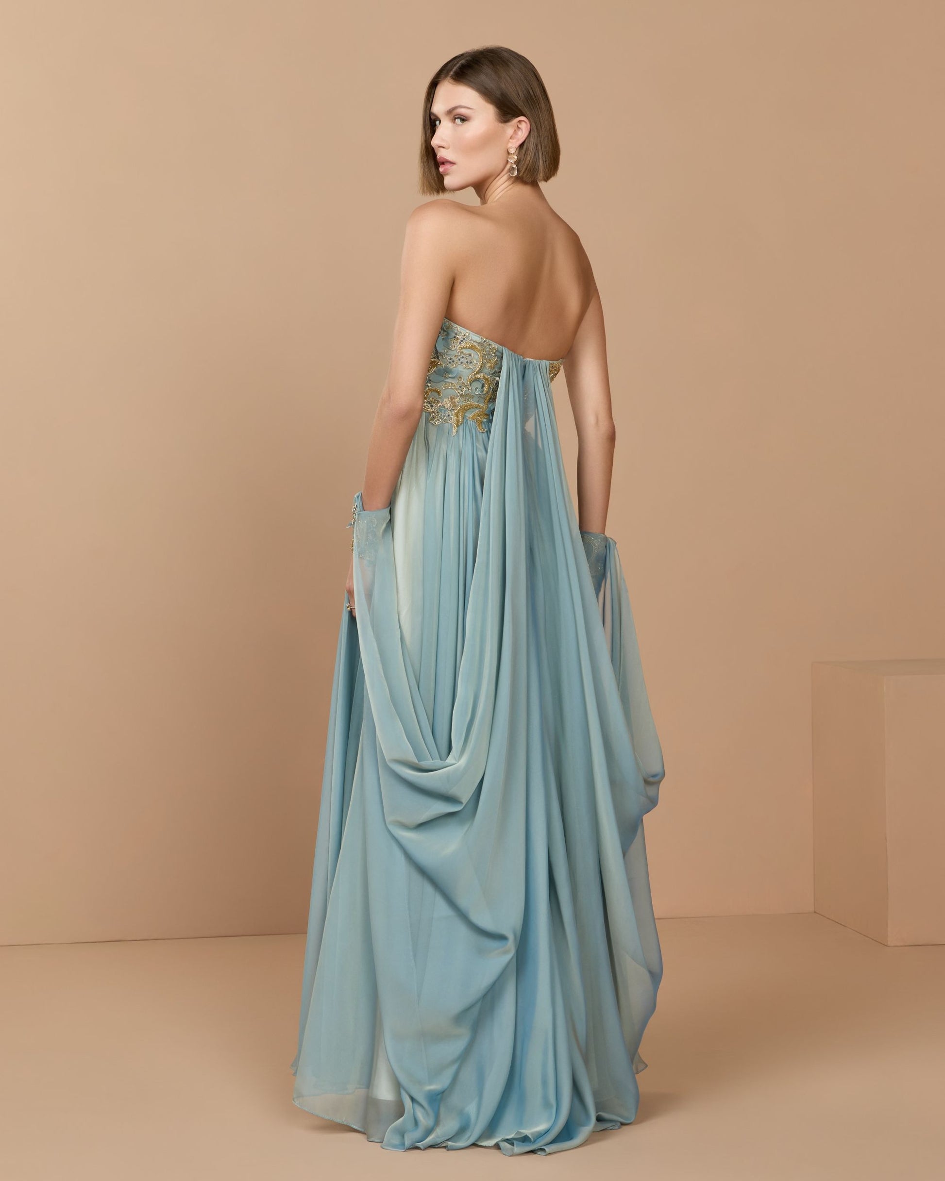 Blue Strapless Embellished Chiffon Cape Gown