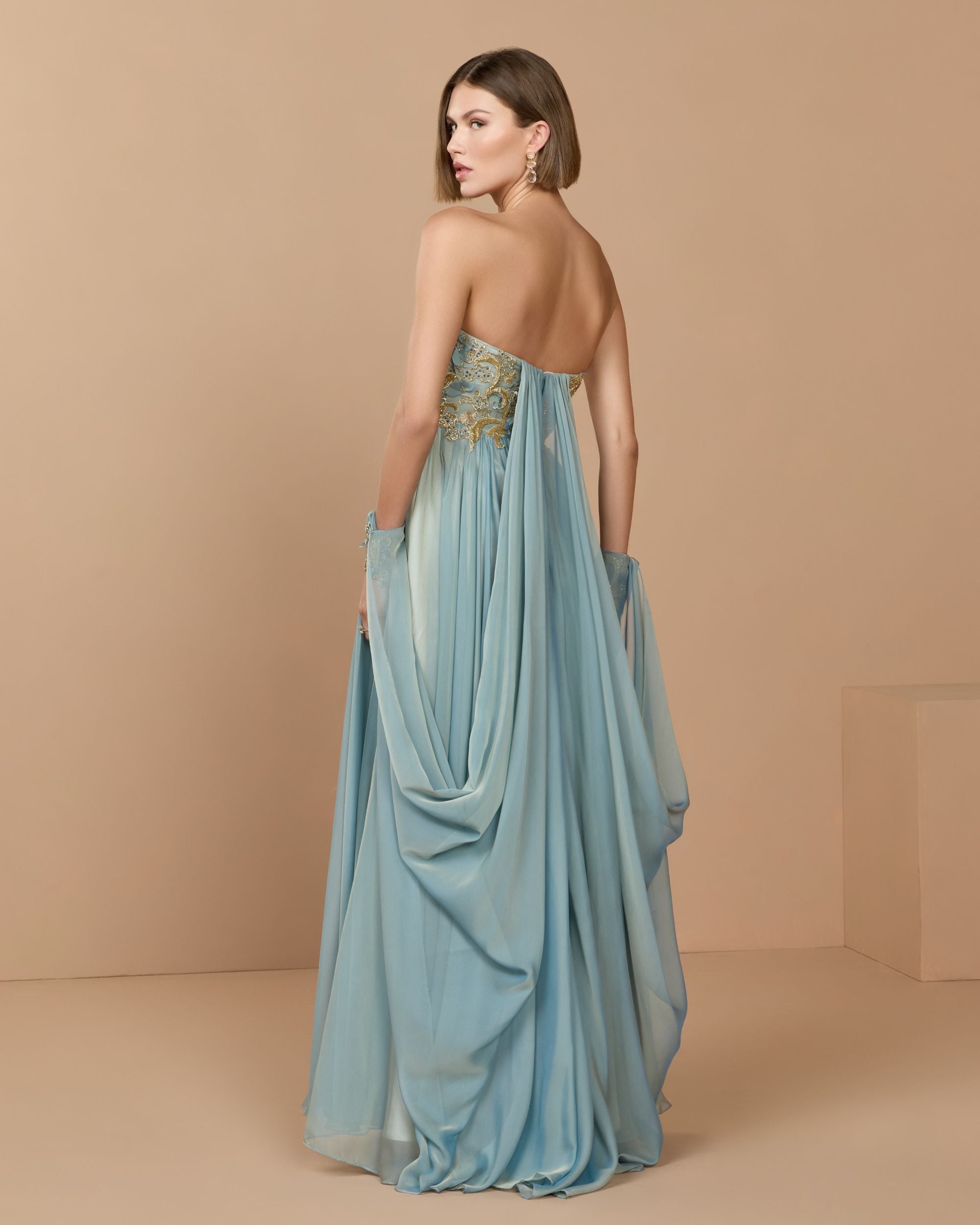 Blue Floral Embellished Chiffon Cape Gown Mac Duggal