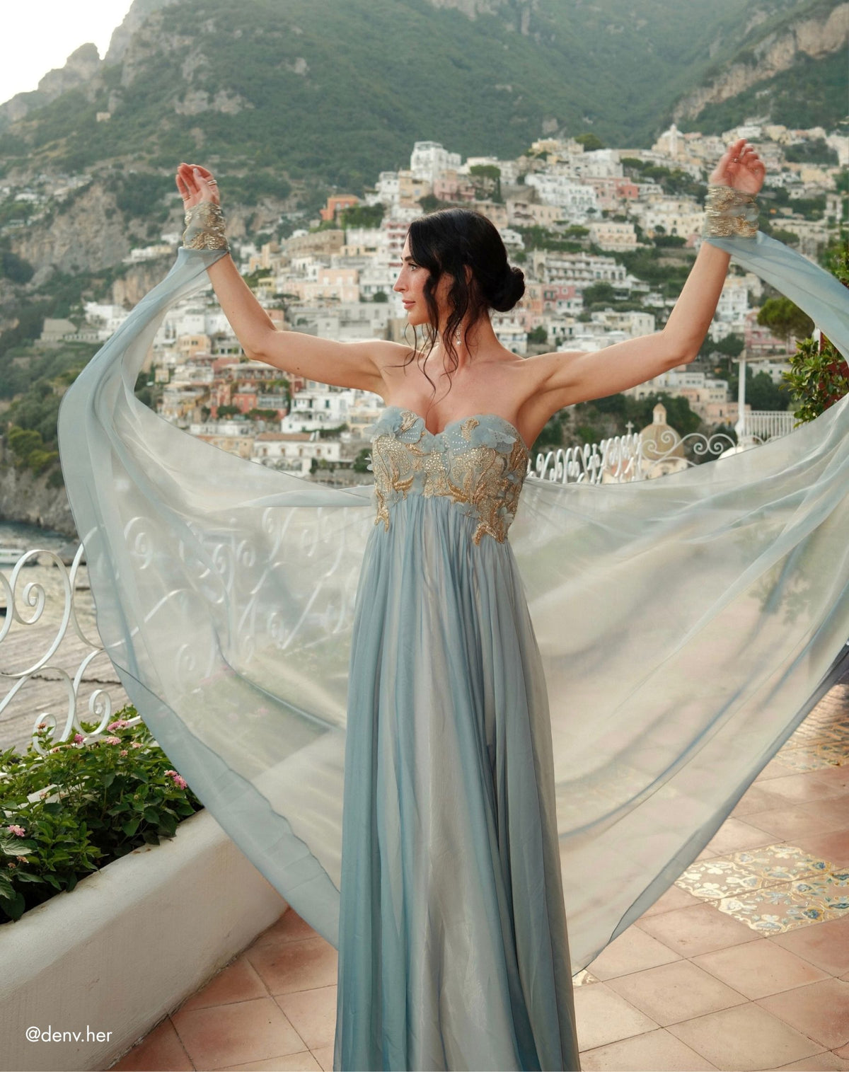 Seafoam Strapless Embellished Chiffon Cape Gown - Mac Duggal 