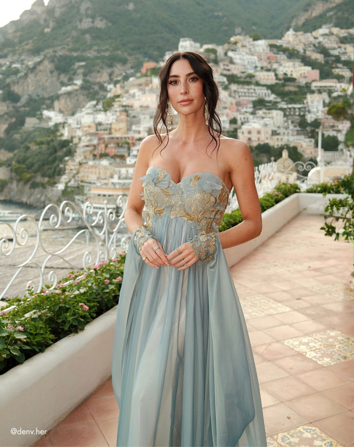 Seafoam Strapless Embellished Chiffon Cape Gown - Mac Duggal 