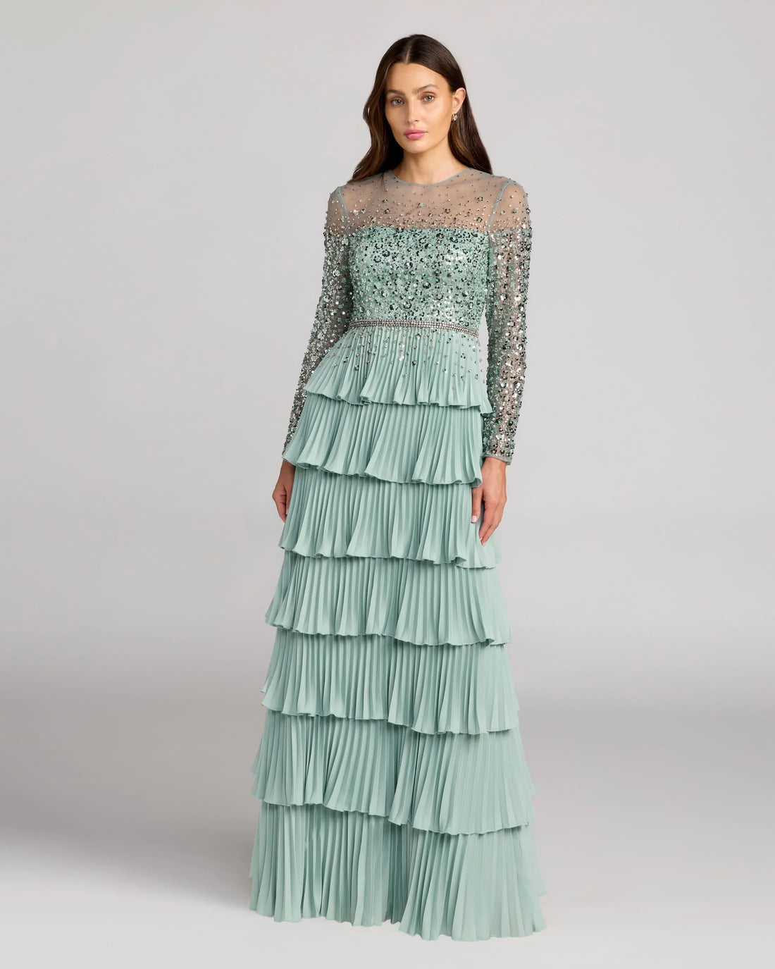 Green Embellished Illusion Long Sleeve Ruffle Gown Mac Duggal