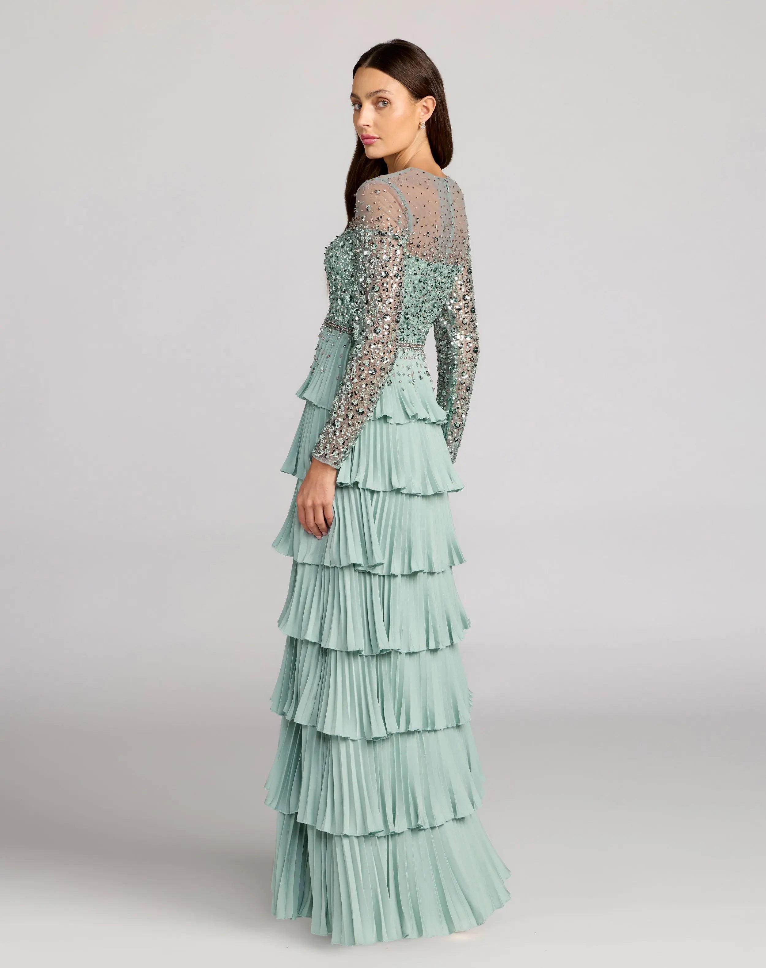 Green Embellished Illusion Long Sleeve Ruffle Gown Mac Duggal