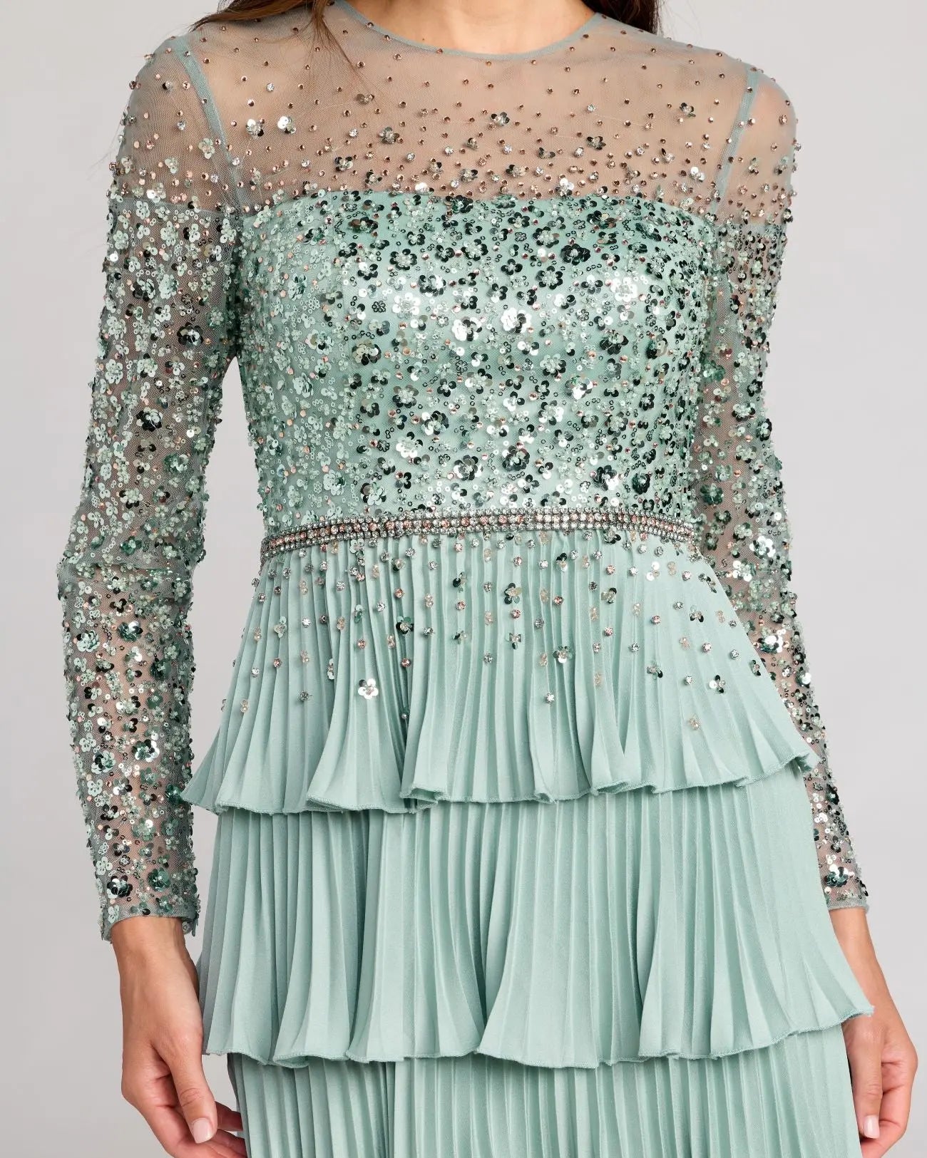 Green Embellished Illusion Long Sleeve Ruffle Gown Mac Duggal