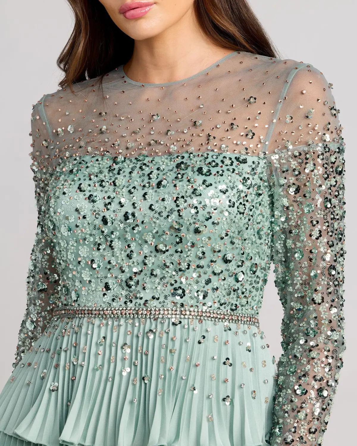 Green Embellished Illusion Long Sleeve Ruffle Gown Mac Duggal