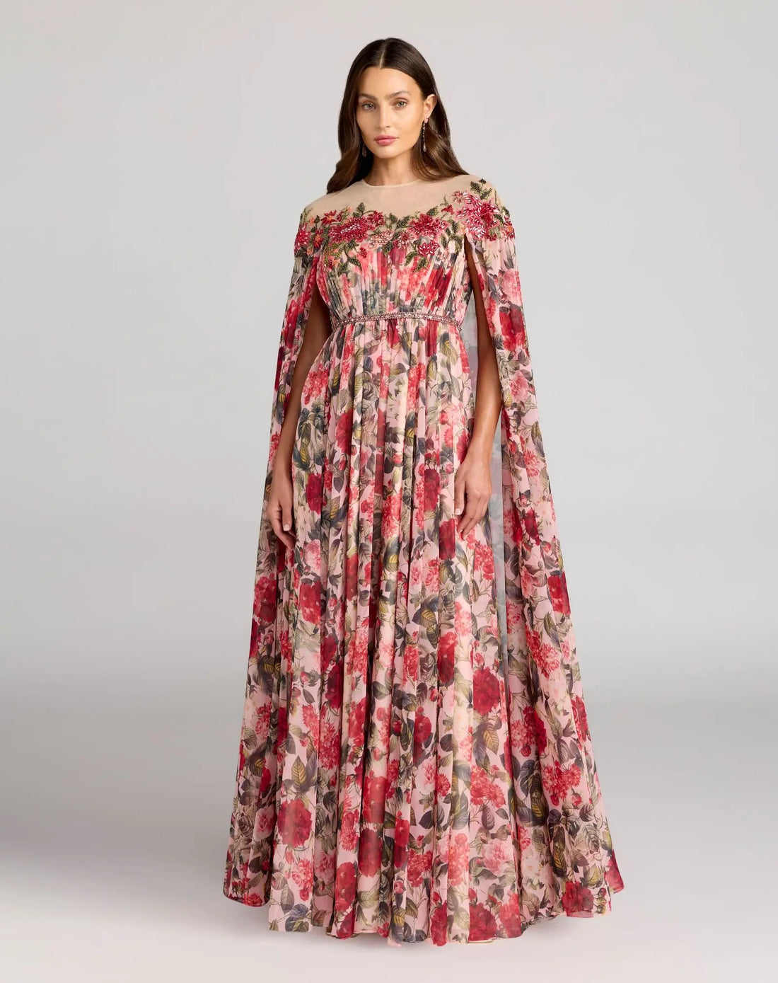 Multicolor Floral Printed Chiffon Illusion Neck Cape Gown - Mac Duggal