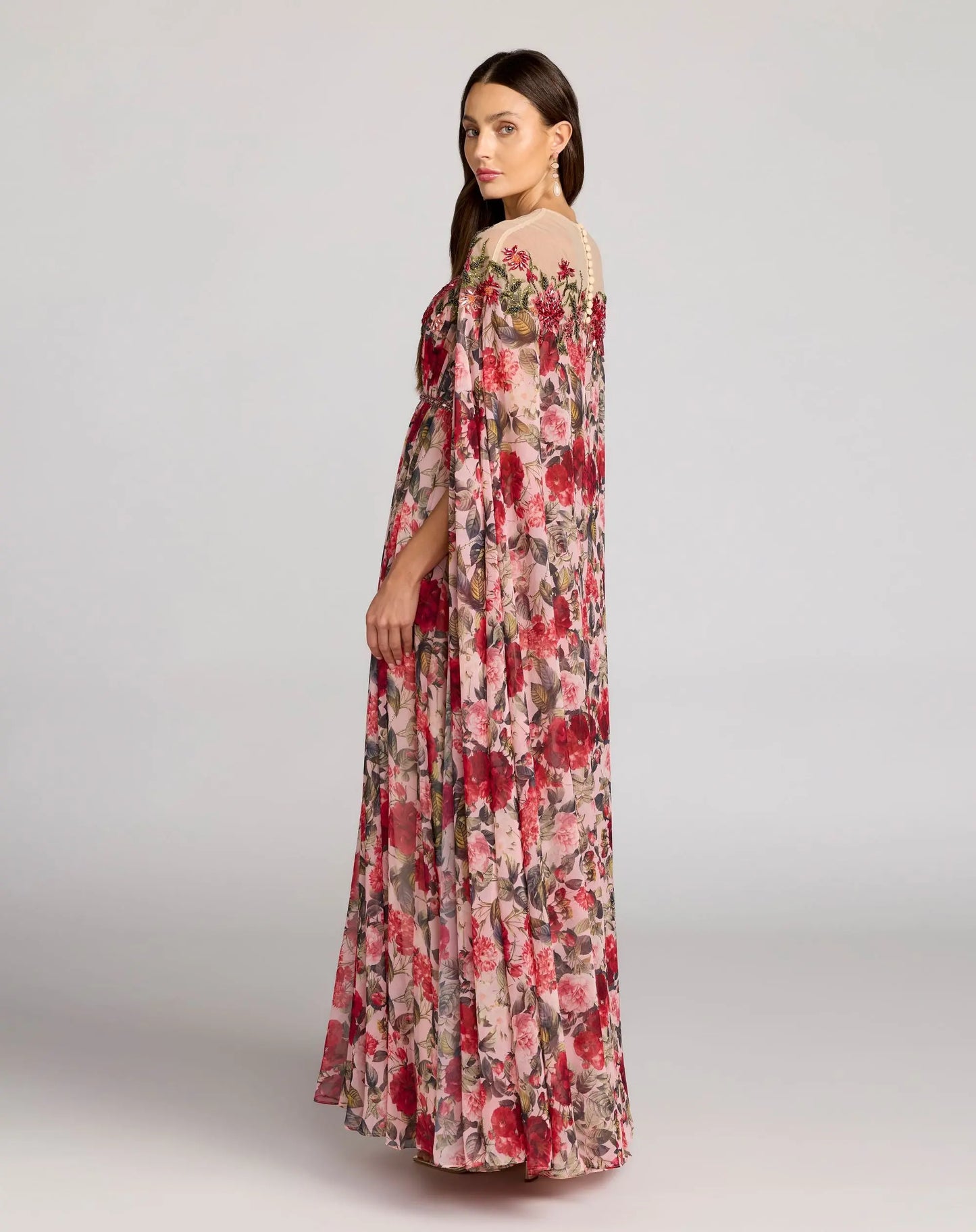 Multicolor Floral Printed Chiffon Illusion Neck Cape Gown - Mac Duggal