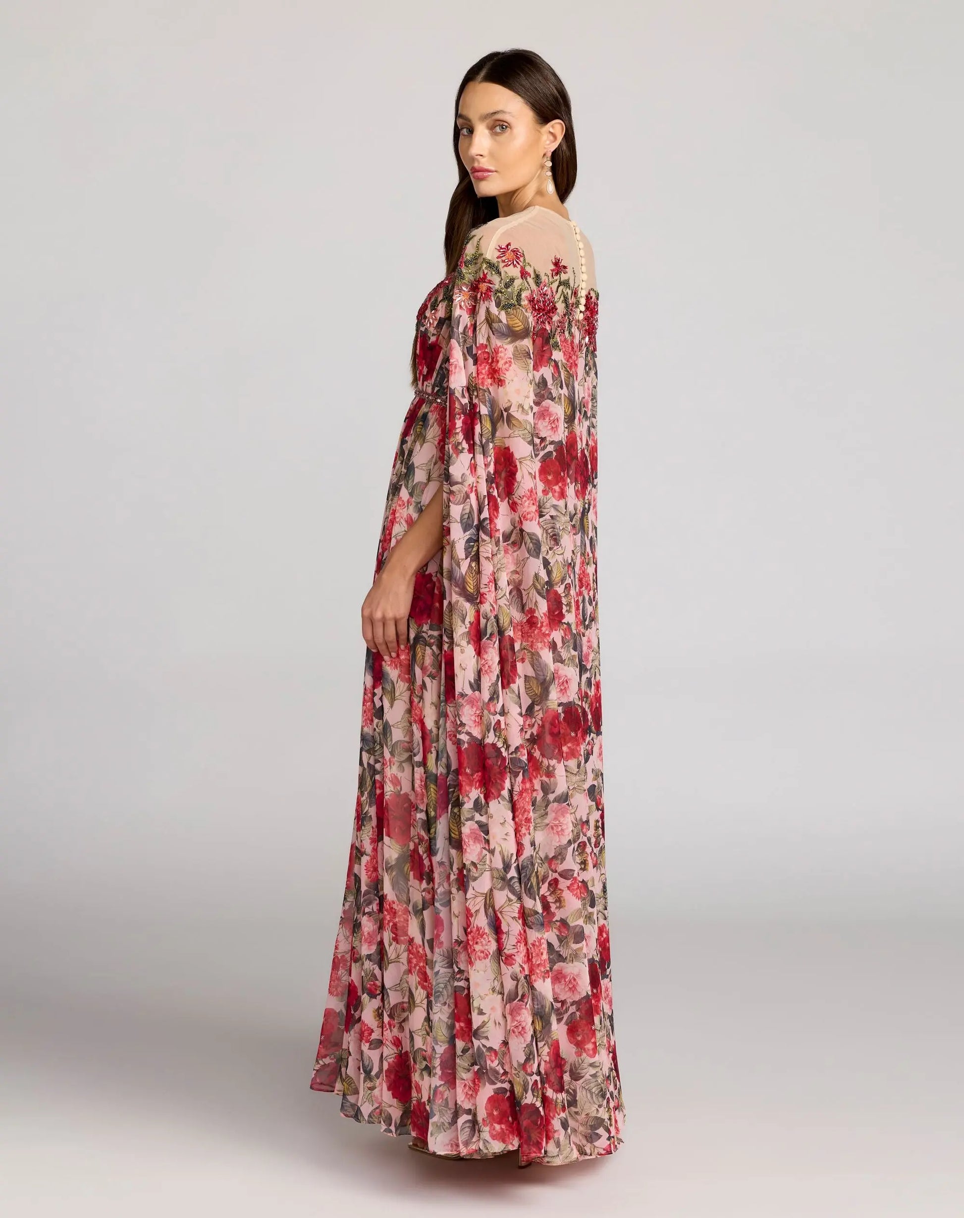 Multicolor Floral Printed Chiffon Illusion Neck Cape Gown - Mac Duggal
