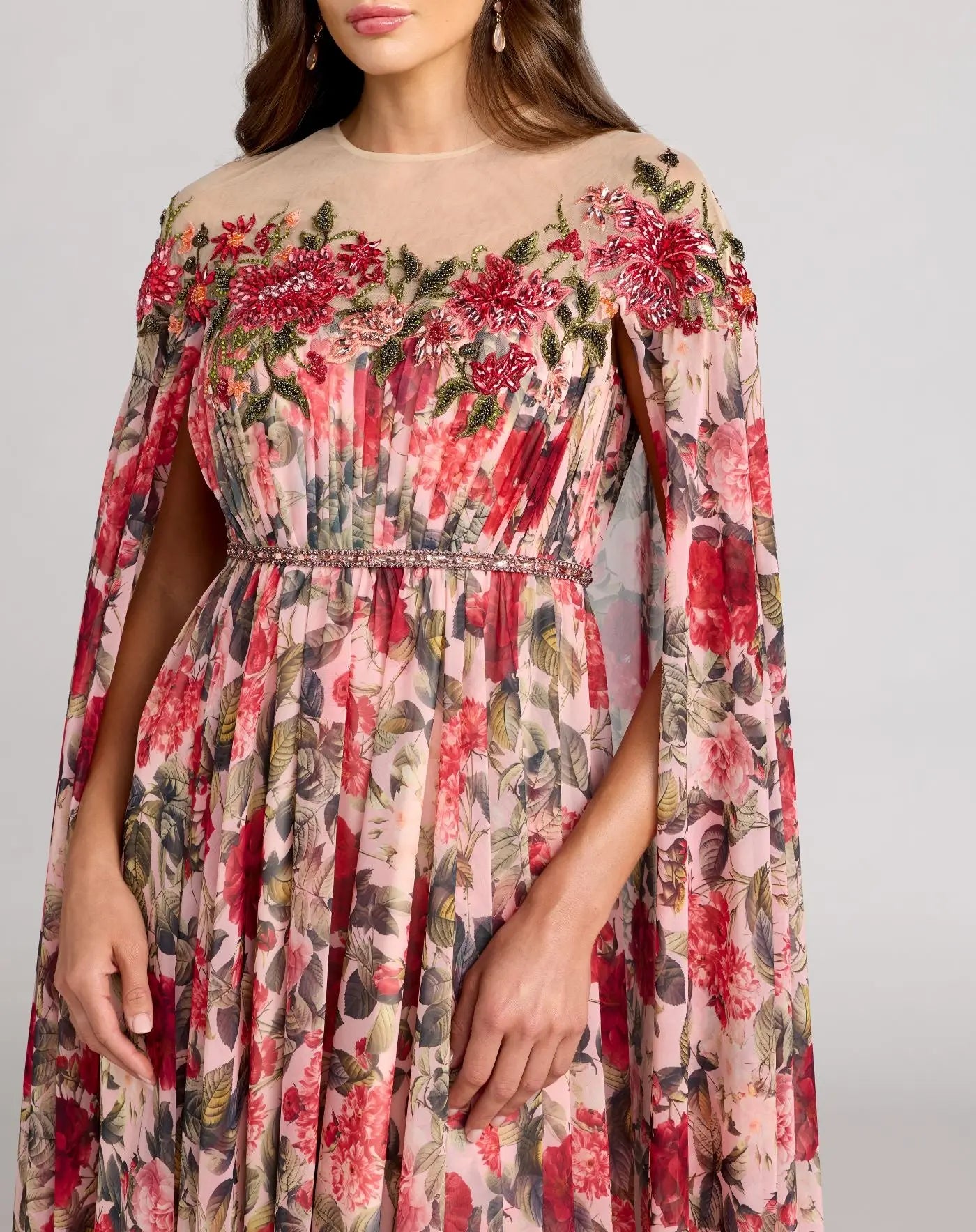 Multicolor Floral Printed Chiffon Illusion Neck Cape Gown - Mac Duggal