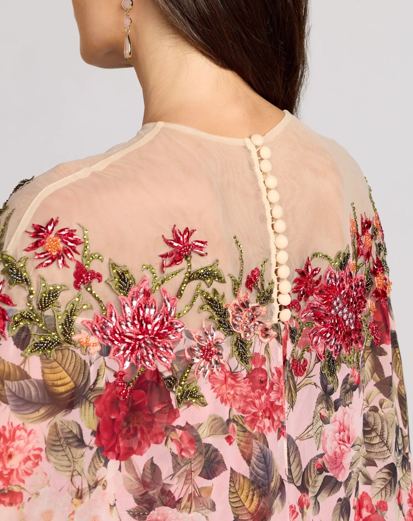 Multicolor Floral Printed Chiffon Illusion Neck Cape Gown - Mac Duggal