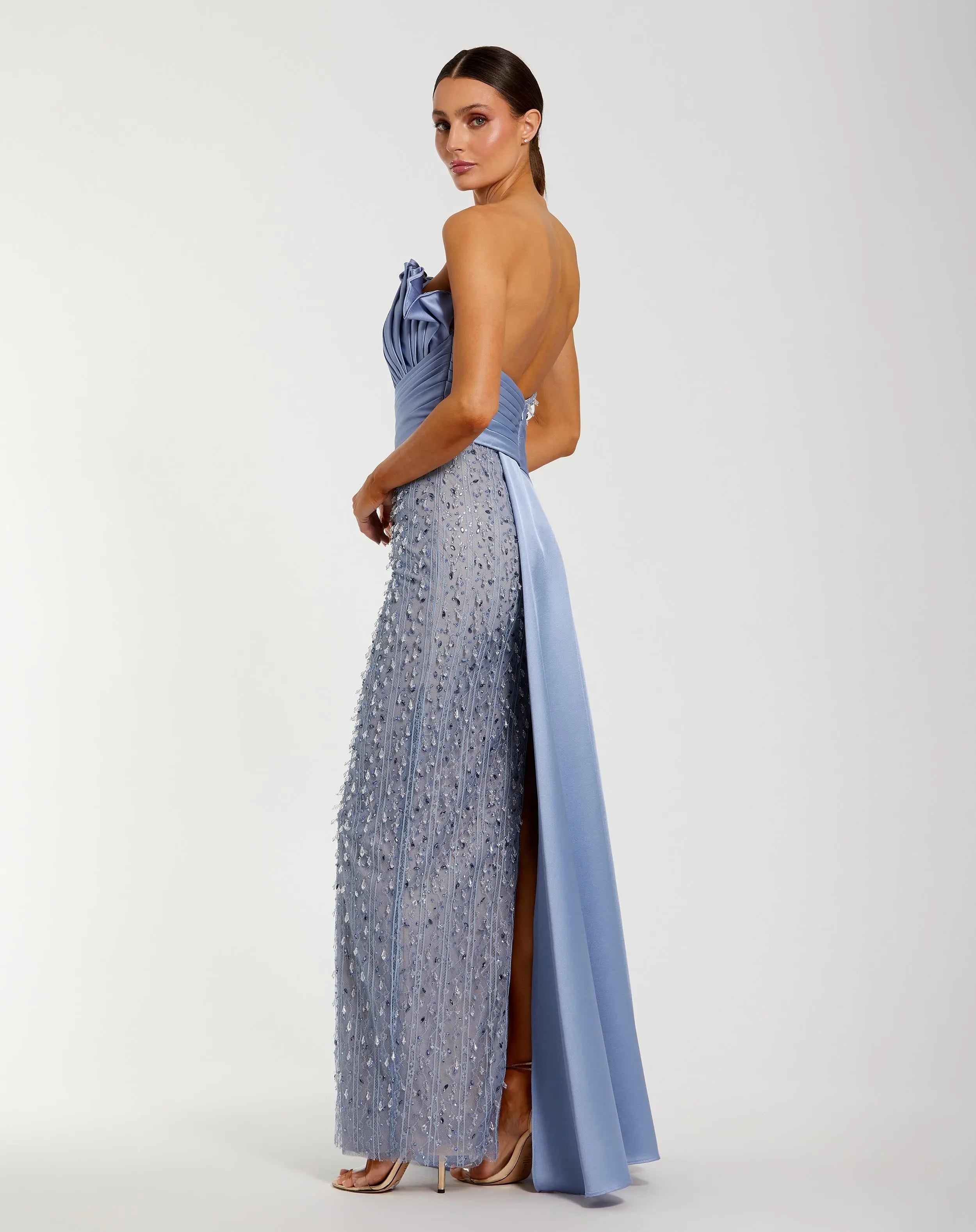 Blue Beaded Lace Column Gown with Satin Sash Mac Duggal