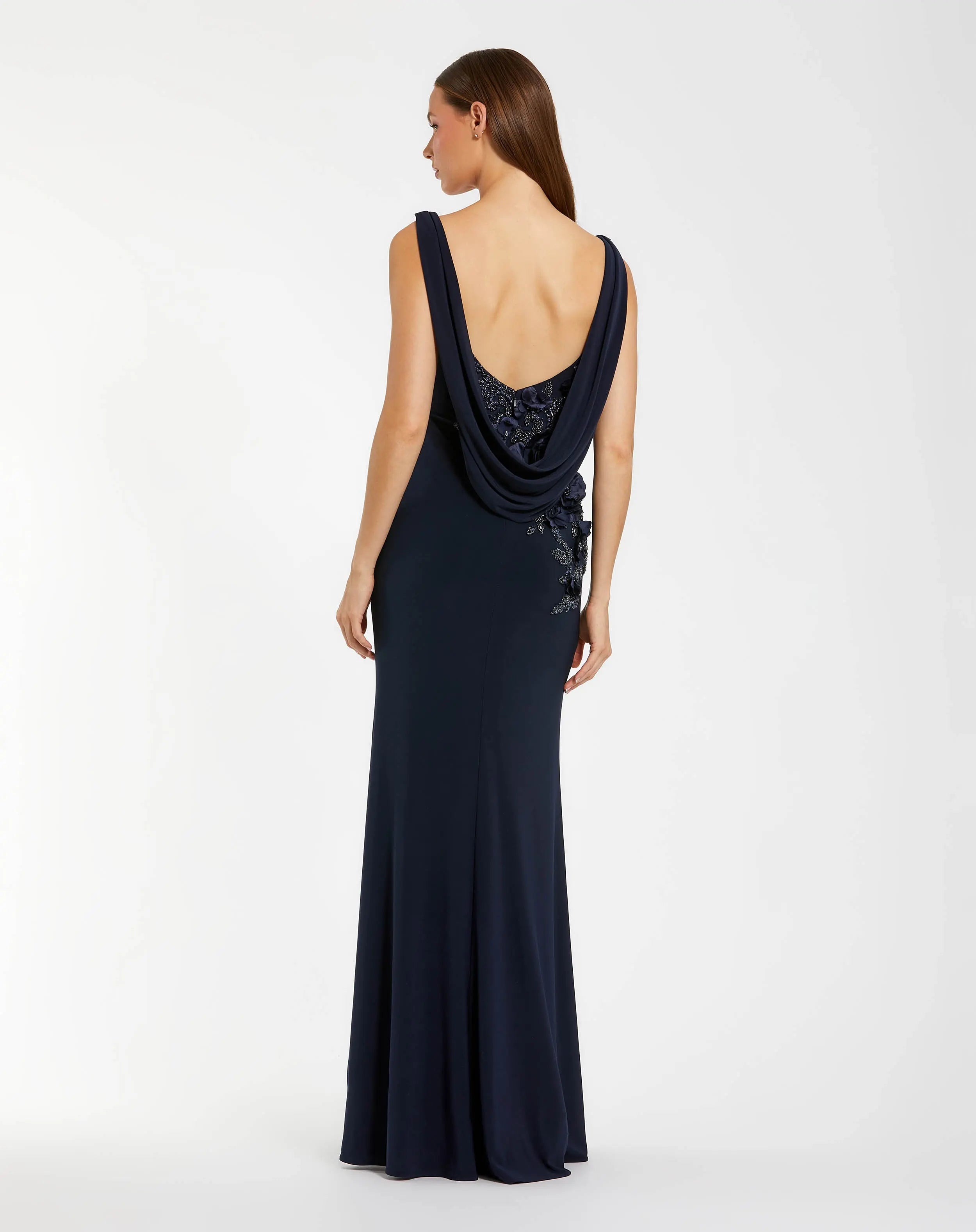 Navy Sleeveless Jersey Cowl Neck Gown With Beading - Mac Duggal