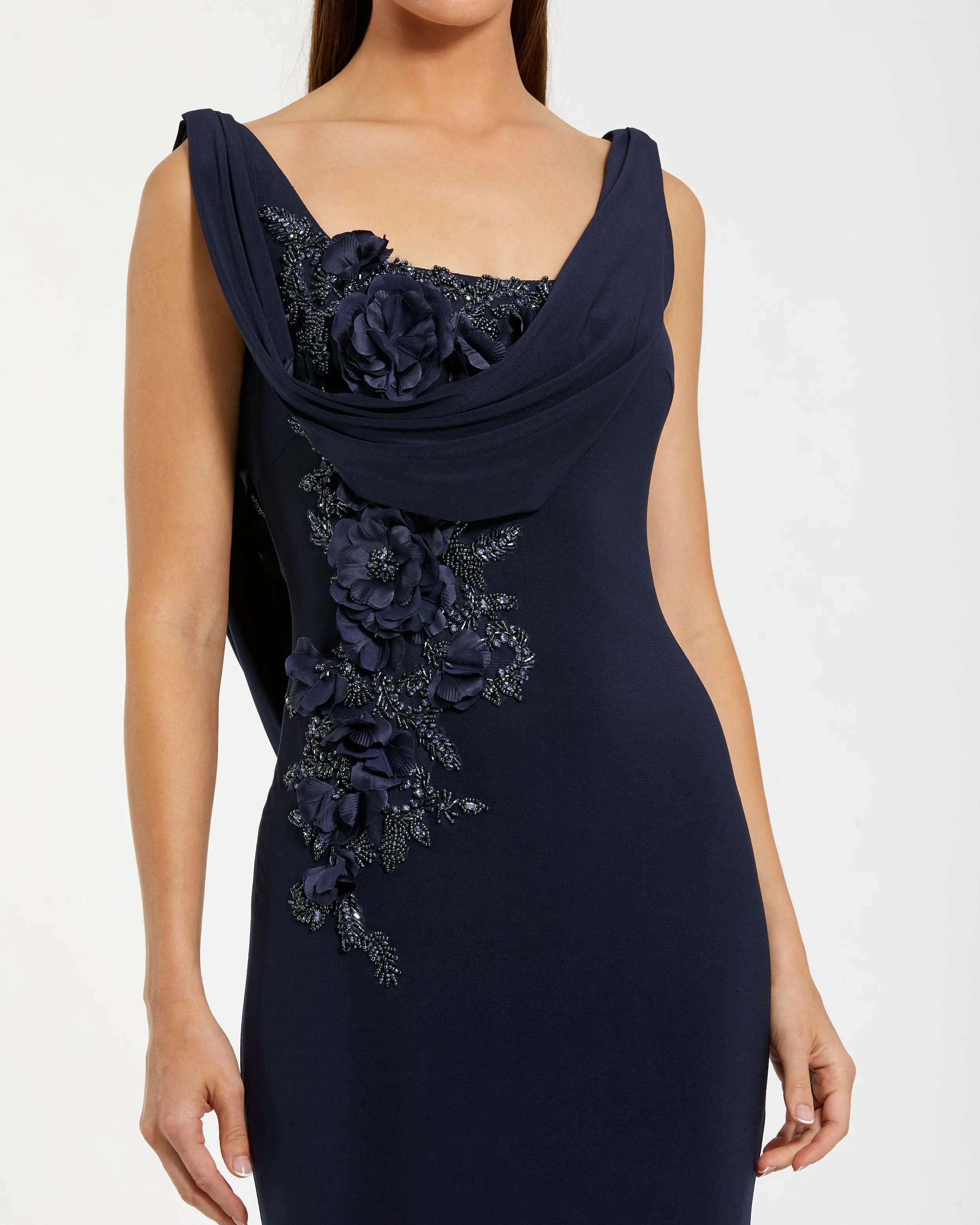 Navy Sleeveless Jersey Cowl Neck Gown With Beading Mac Duggal