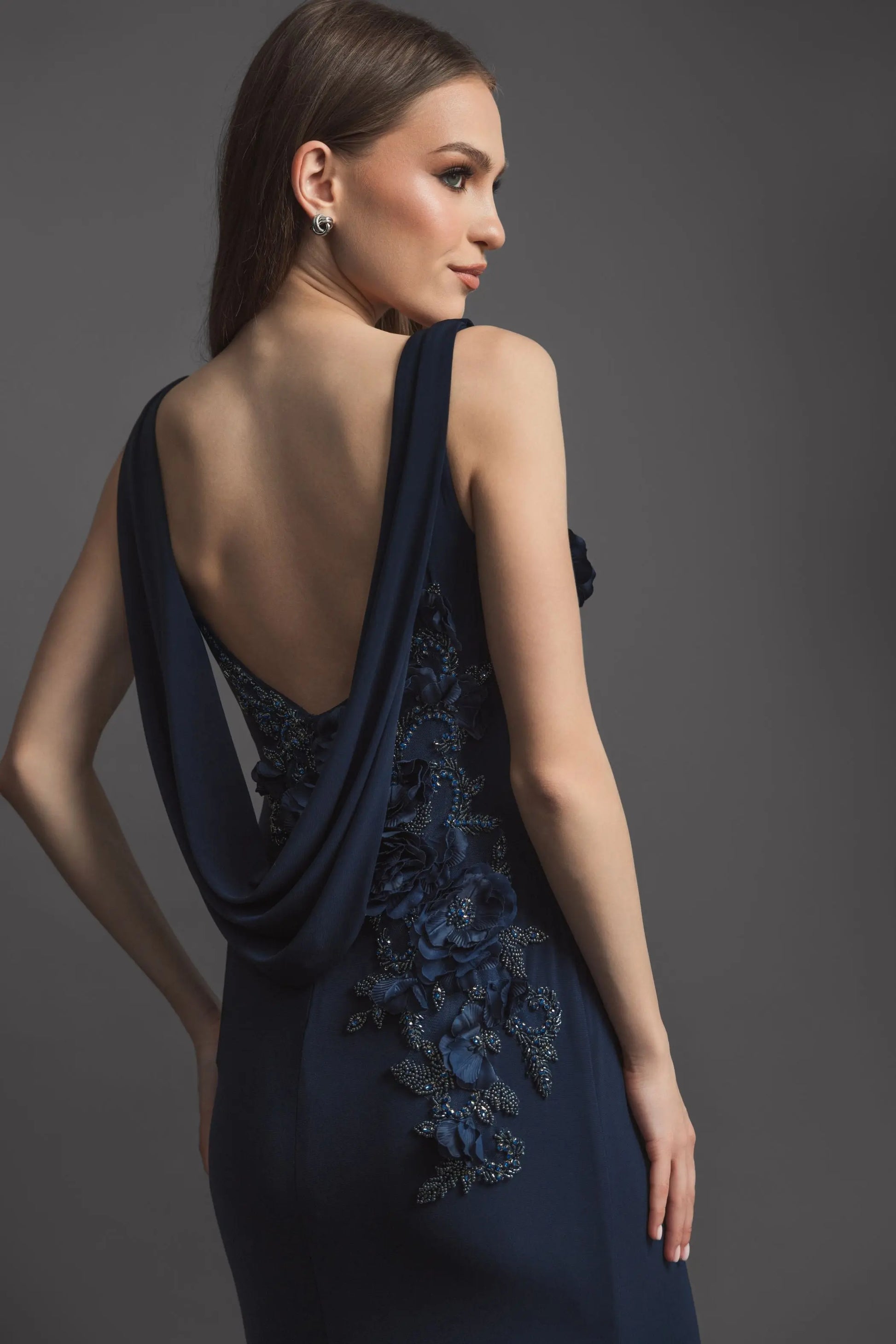 Navy Sleeveless Jersey Cowl Neck Gown With Beading - Mac Duggal