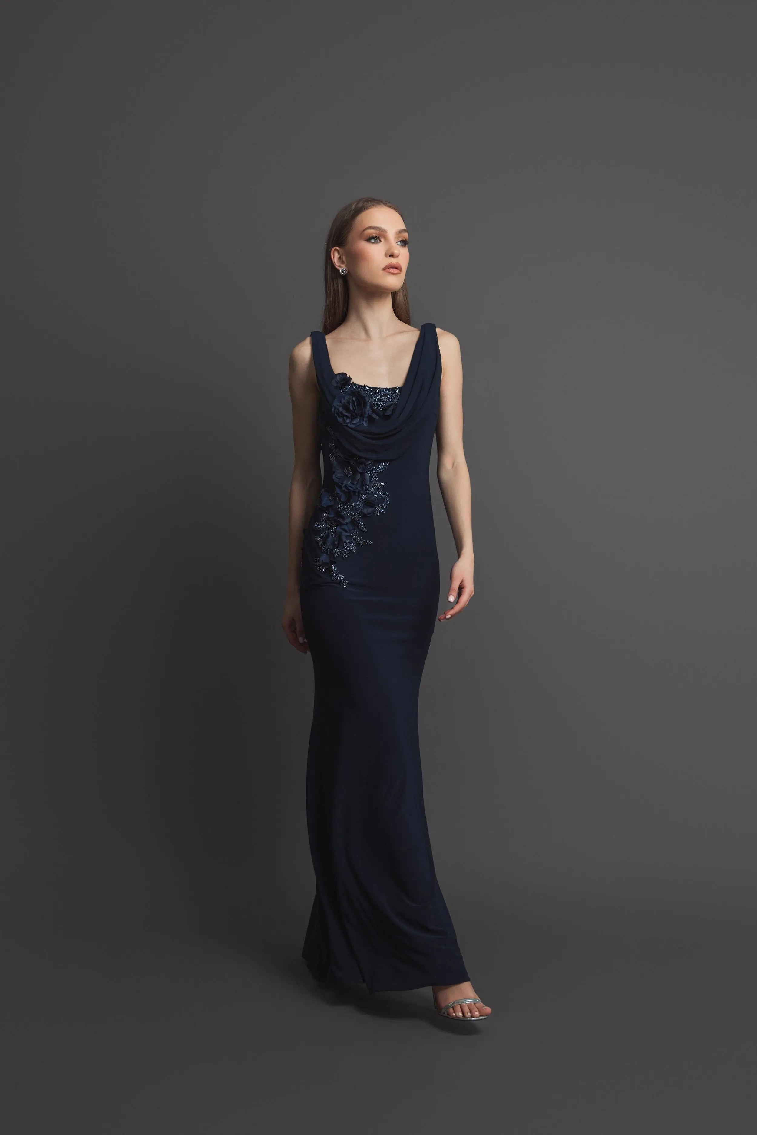Navy Sleeveless Jersey Cowl Neck Gown With Beading - Mac Duggal