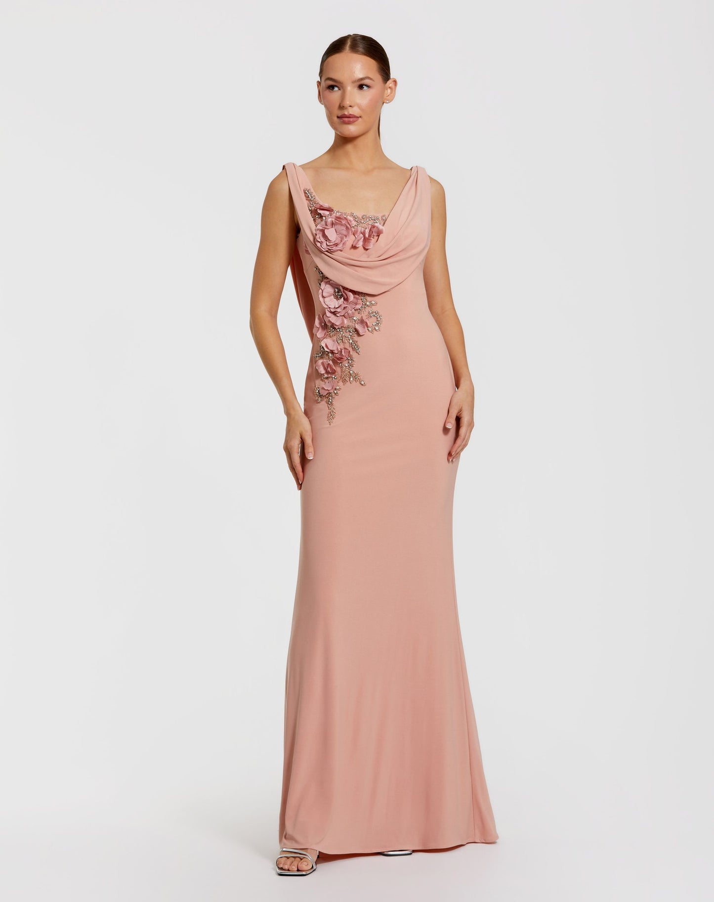 Pink Sleeveless Jersey Cowl Neck Gown With Beading - Mac Duggal