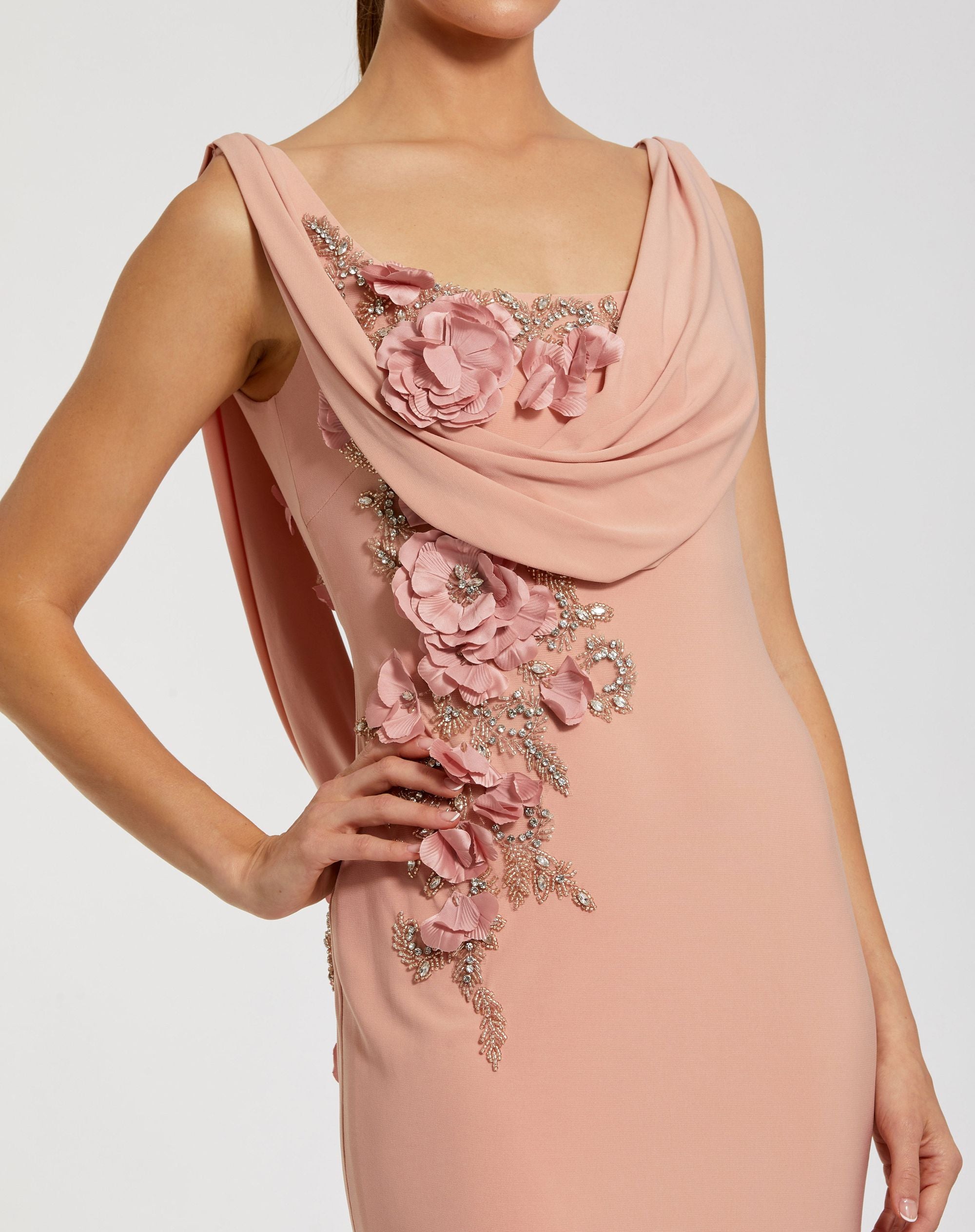 Pink Sleeveless Jersey Cowl Neck Gown With Beading - Mac Duggal