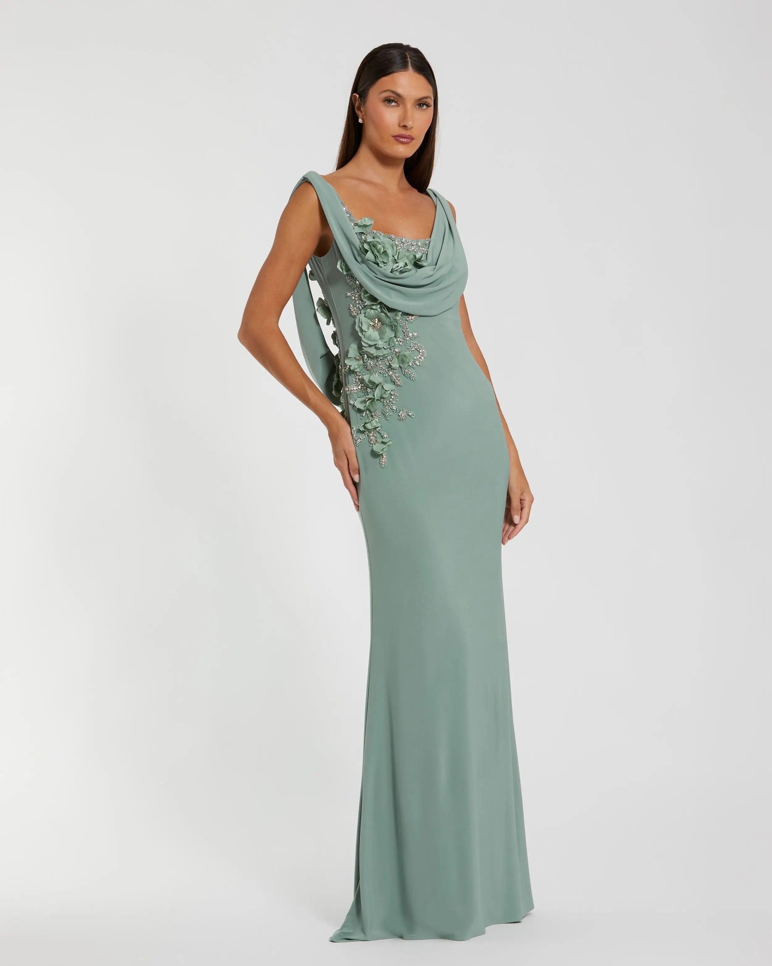 Green Sleeveless Jersey Cowl Neck Gown With Beading - Mac Duggal