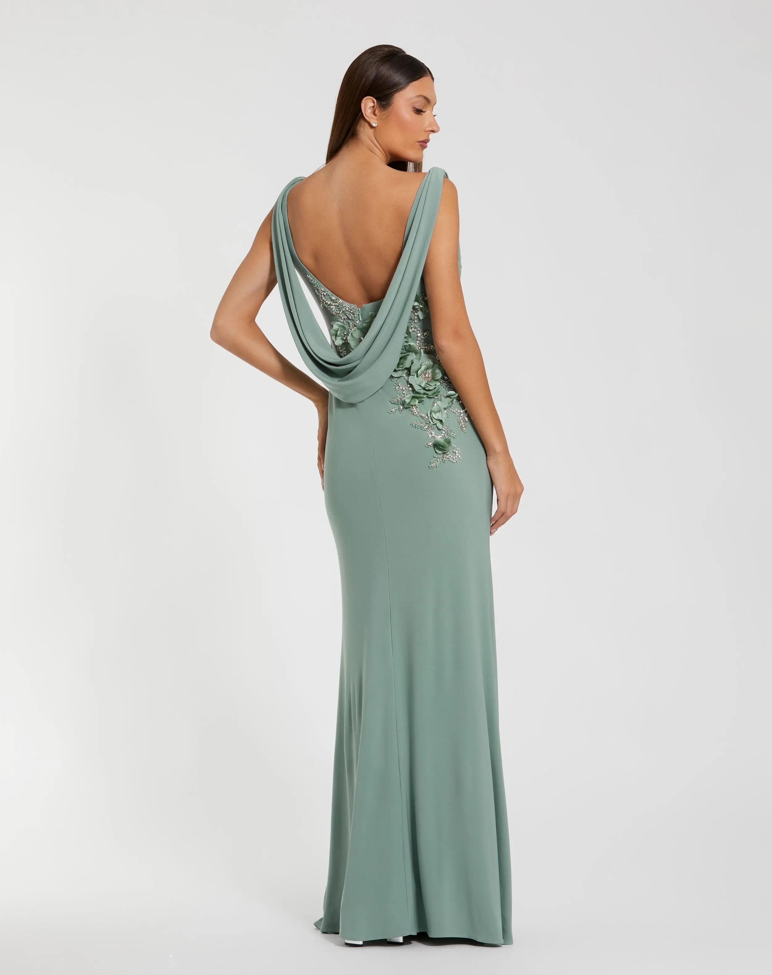 Green Sleeveless Jersey Cowl Neck Gown With Beading - Mac Duggal