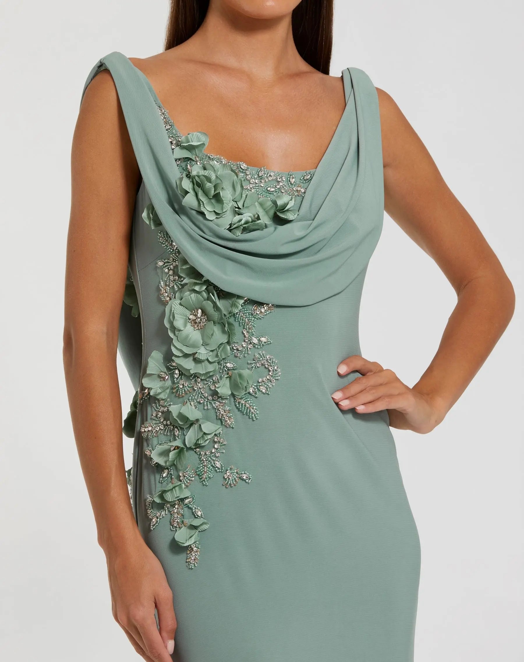 Green Sleeveless Jersey Cowl Neck Gown With Beading - Mac Duggal