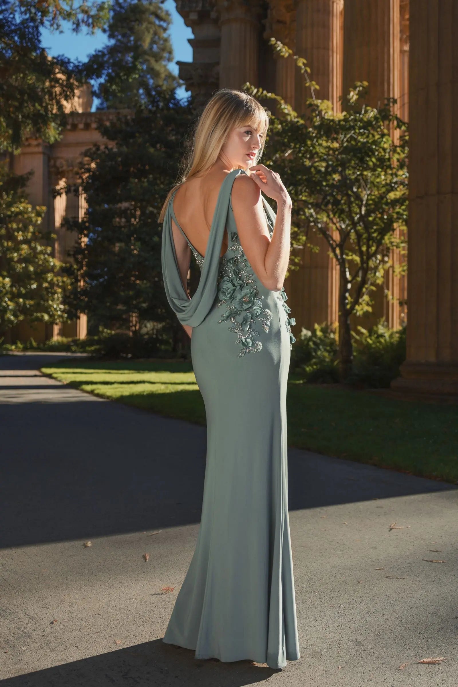 Green Sleeveless Jersey Cowl Neck Gown With Beading - Mac Duggal