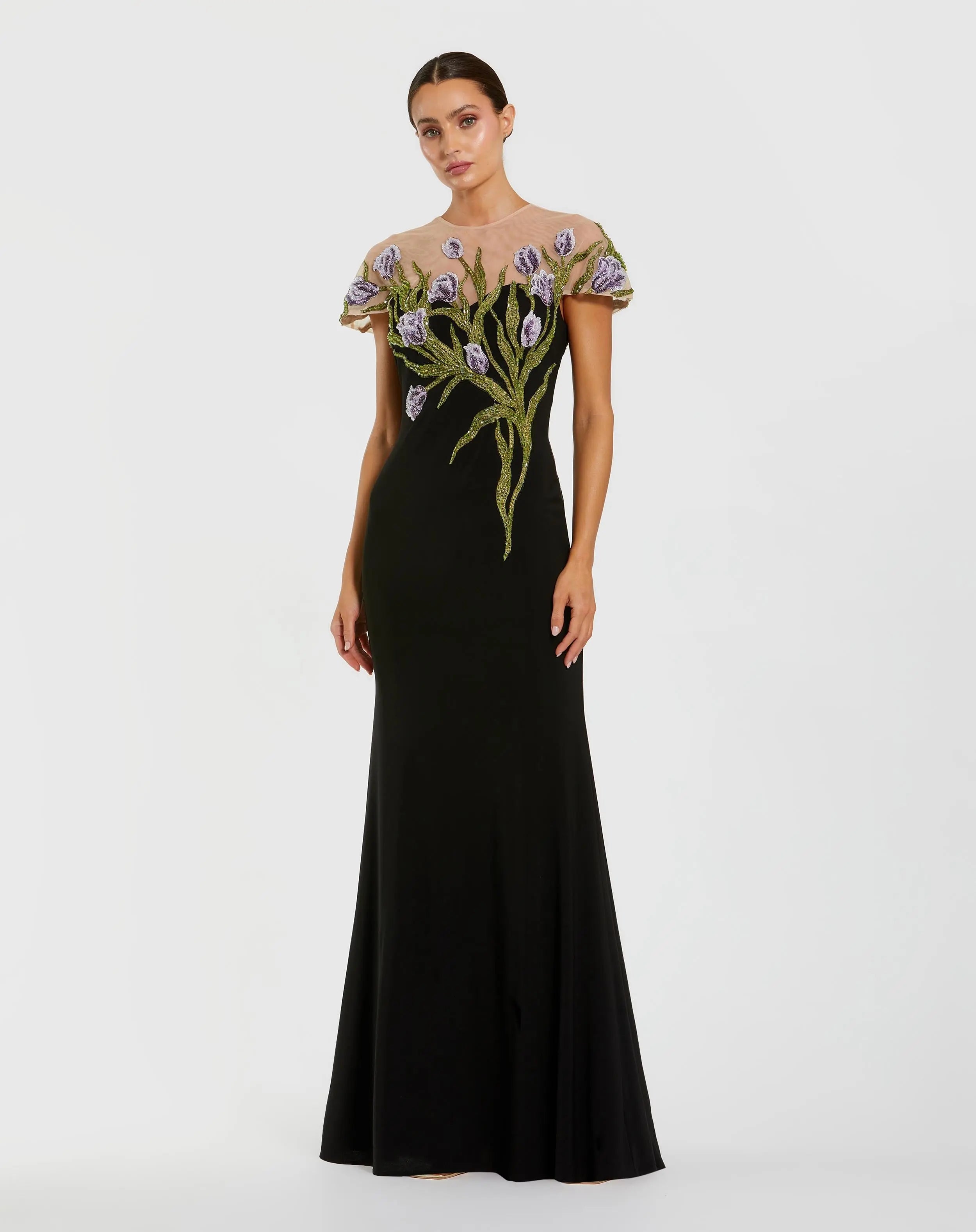 Black High Neck Floral Embroidered Jersey Gown - Mac Duggal