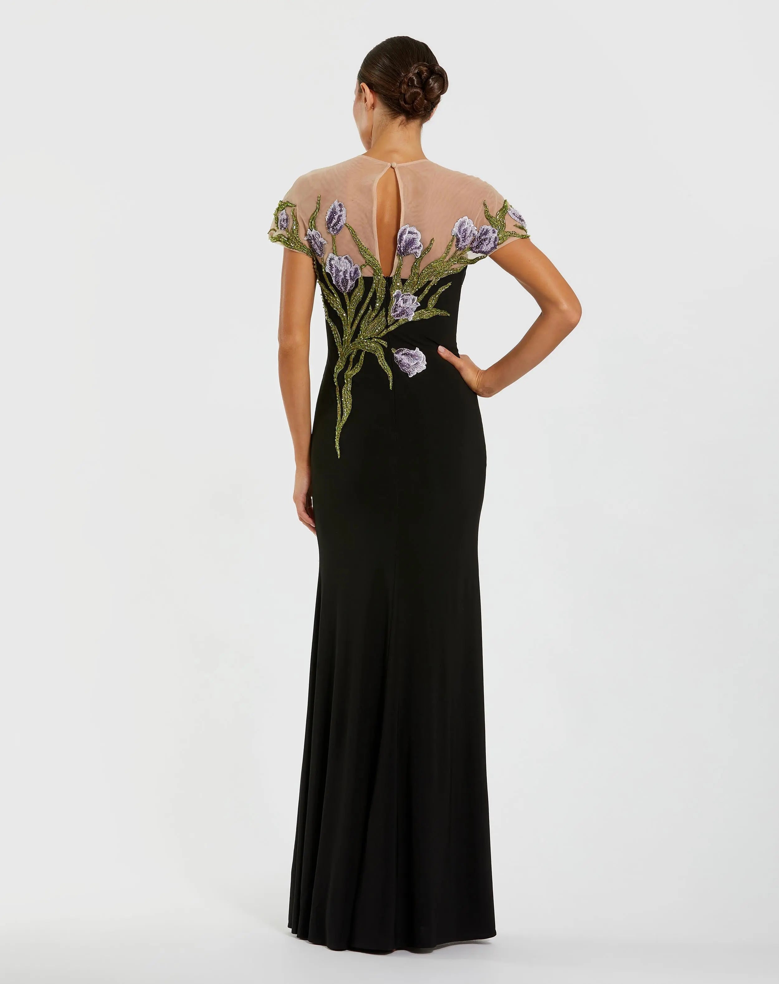 Black High Neck Floral Embroidered Jersey Gown - Mac Duggal