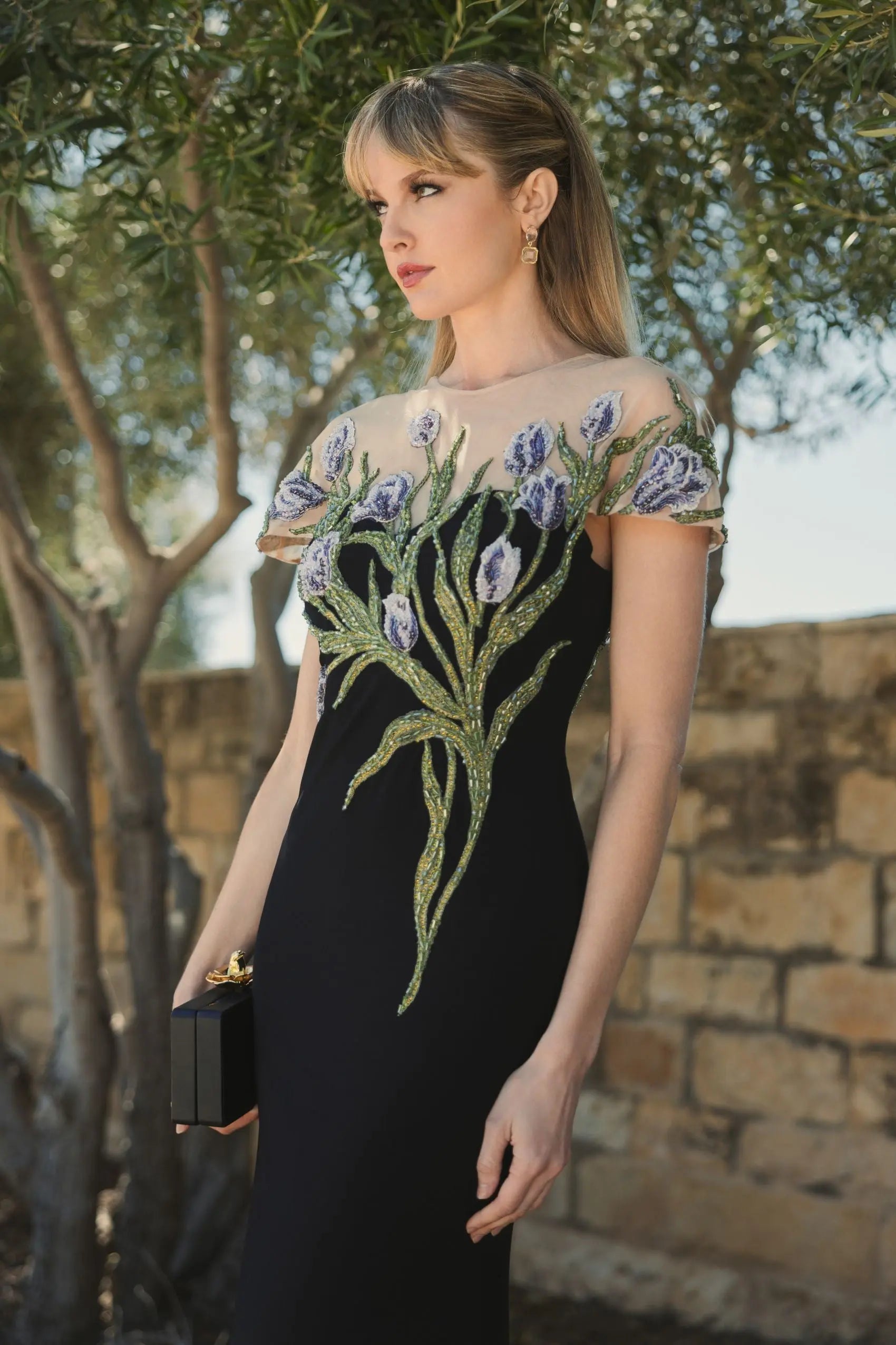 Black High Neck Floral Embroidered Jersey Gown - Mac Duggal