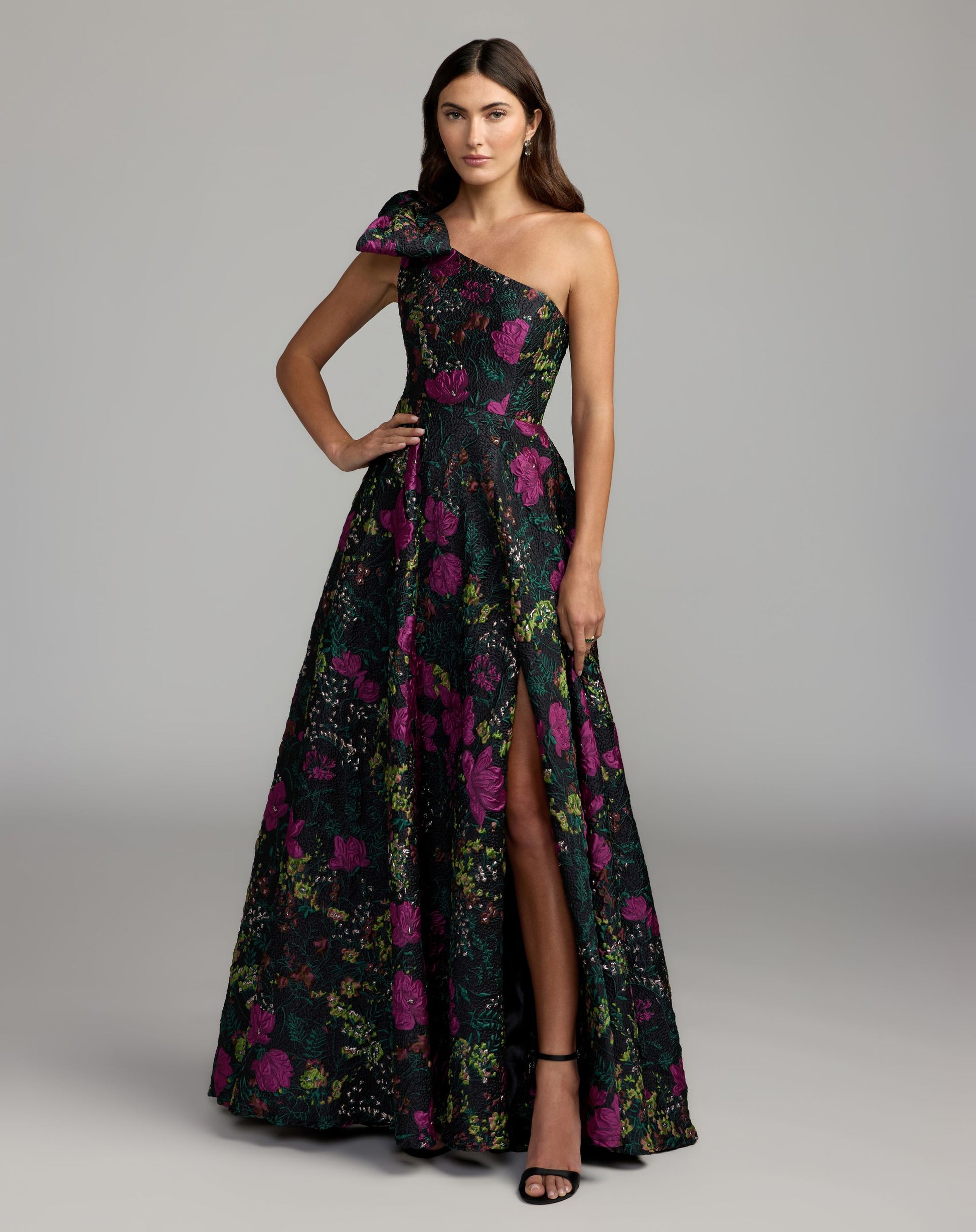 Black One Shoulder Brocade Floral Gown With Bow Mac Duggal