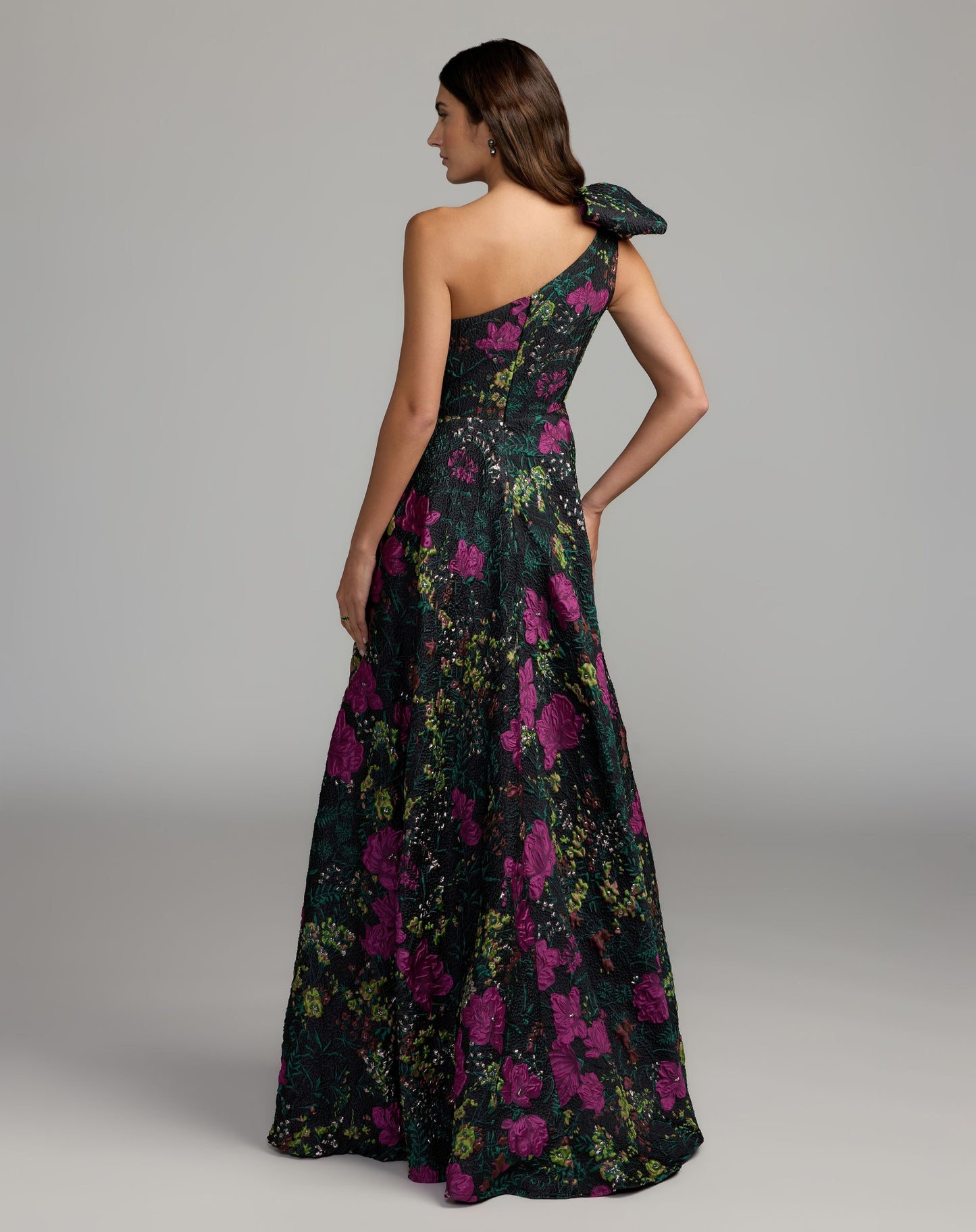 Black One Shoulder Brocade Floral Gown With Bow Mac Duggal