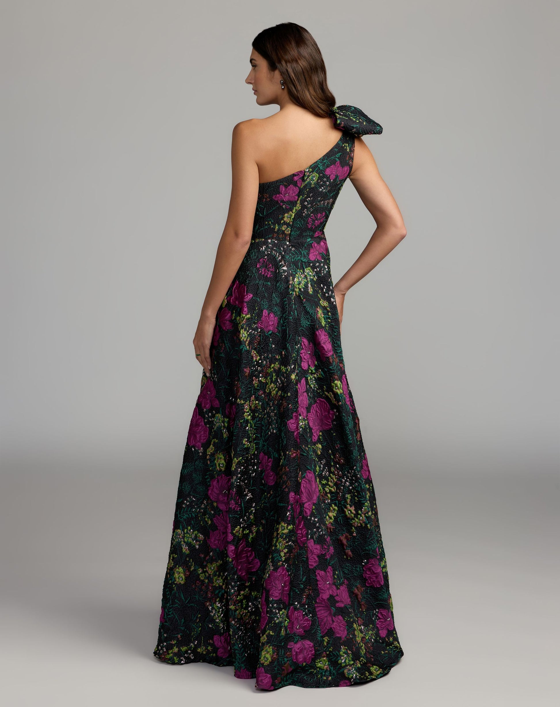 Black One Shoulder Brocade Floral Gown With Bow Mac Duggal