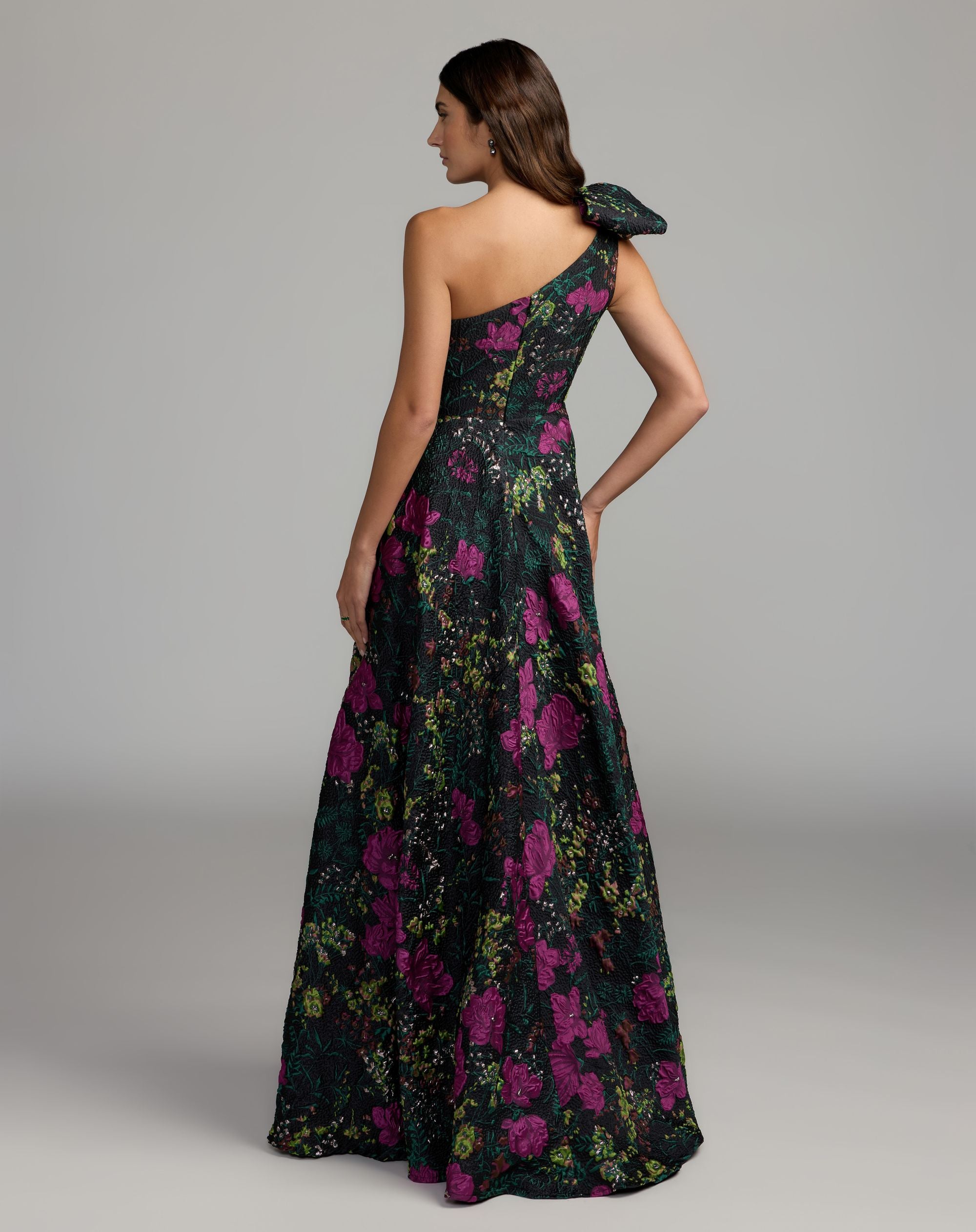 Black One Shoulder Brocade Floral Gown With Bow Mac Duggal