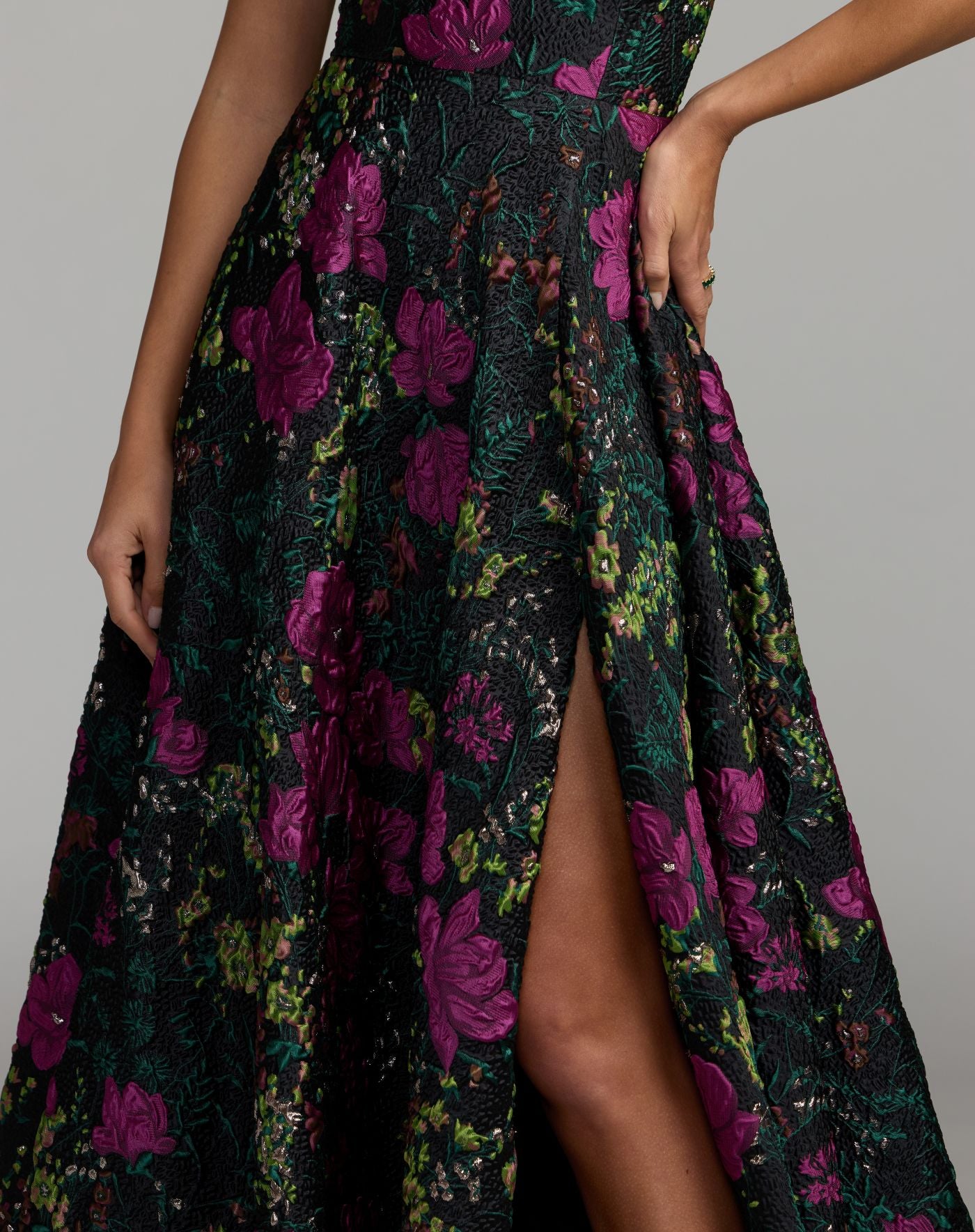 Black One Shoulder Brocade Floral Gown With Bow Mac Duggal