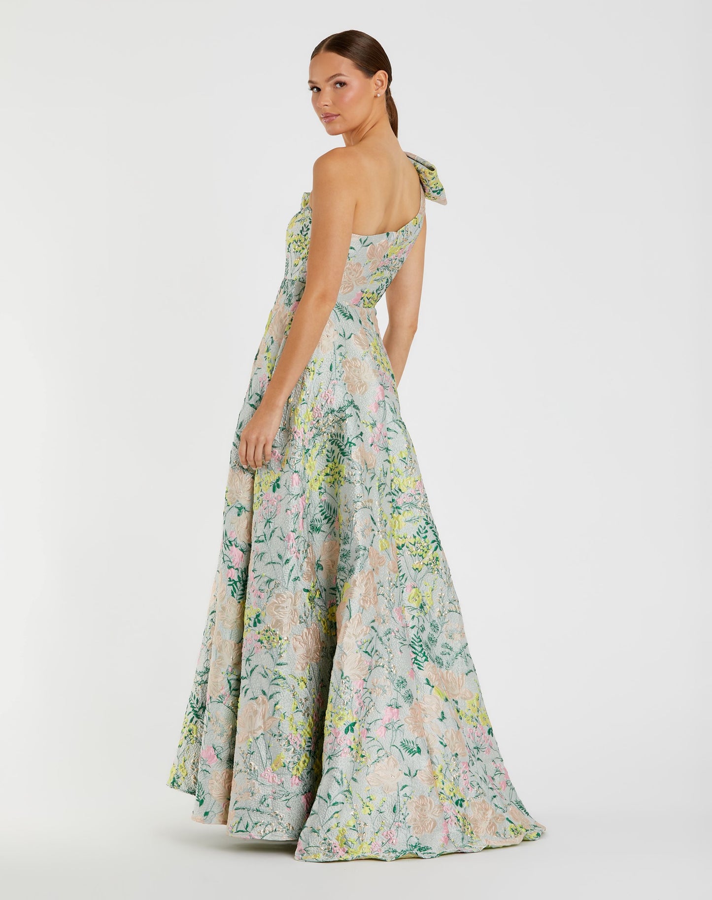 One Shoulder Brocade Gown With Bow Detail