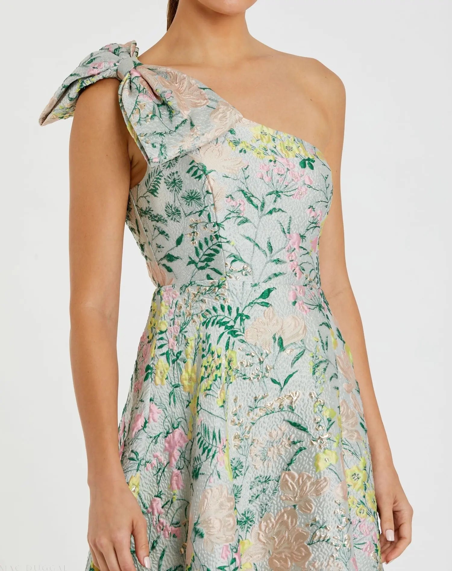 Mac Duggal - Multicolor One Shoulder Brocade Floral Gown With Bow - Pastel Multi / US 0 Mac Duggal - Multicolor One Shoulder Brocade Floral Gown With Bow - Pastel Multi / US 0