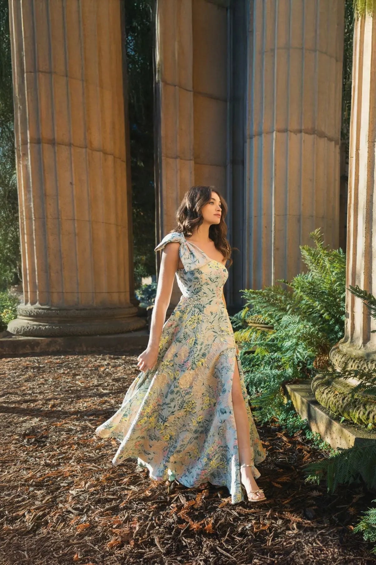 Multicolor One Shoulder Brocade Floral Gown With Bow | Mac Duggal Multicolor One Shoulder Brocade Floral Gown With Bow | Mac Duggal